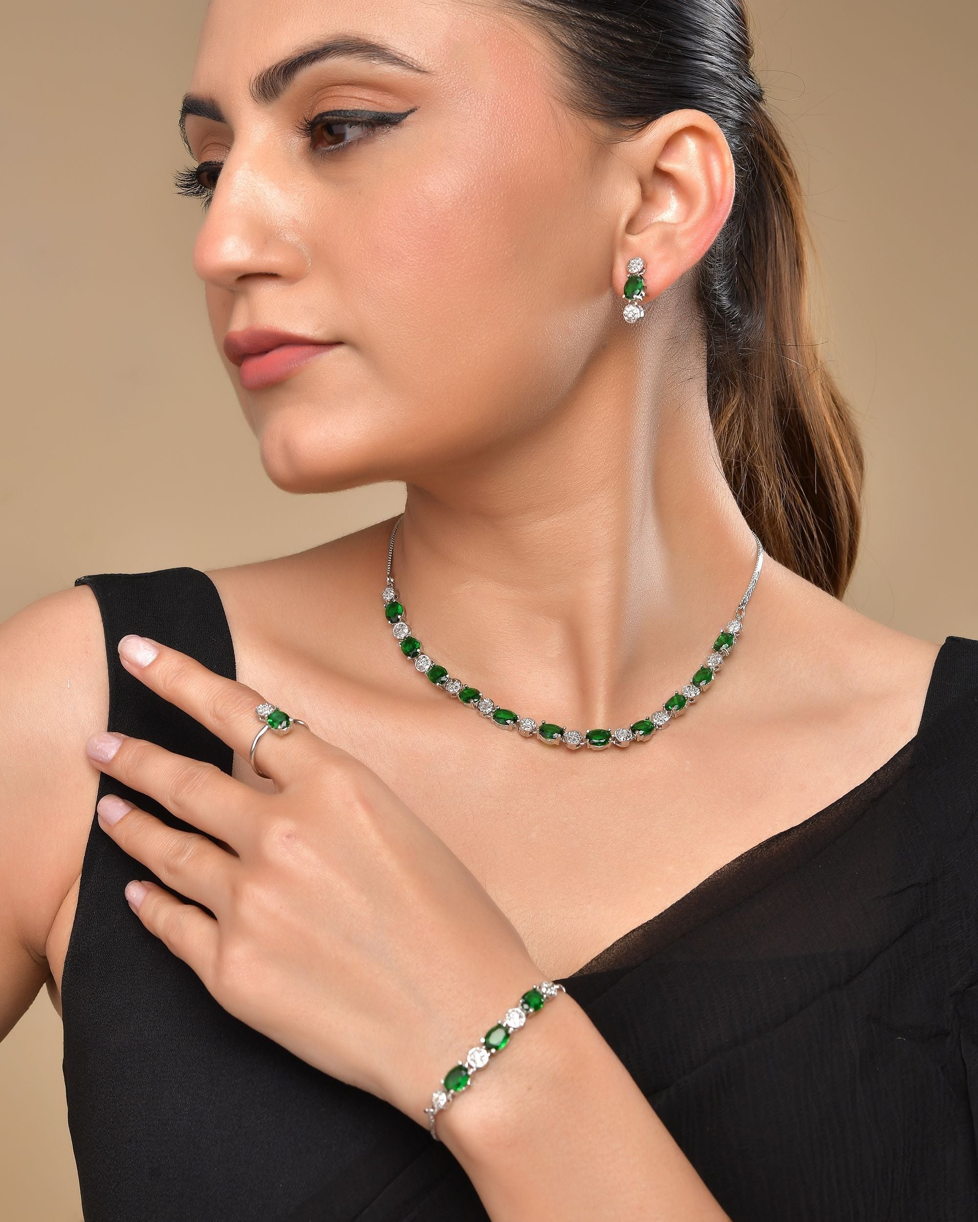 VOJ Silver Plated Green Stone Studded Necklace With Earrings, Ring And Bracelet Set | Grocsy