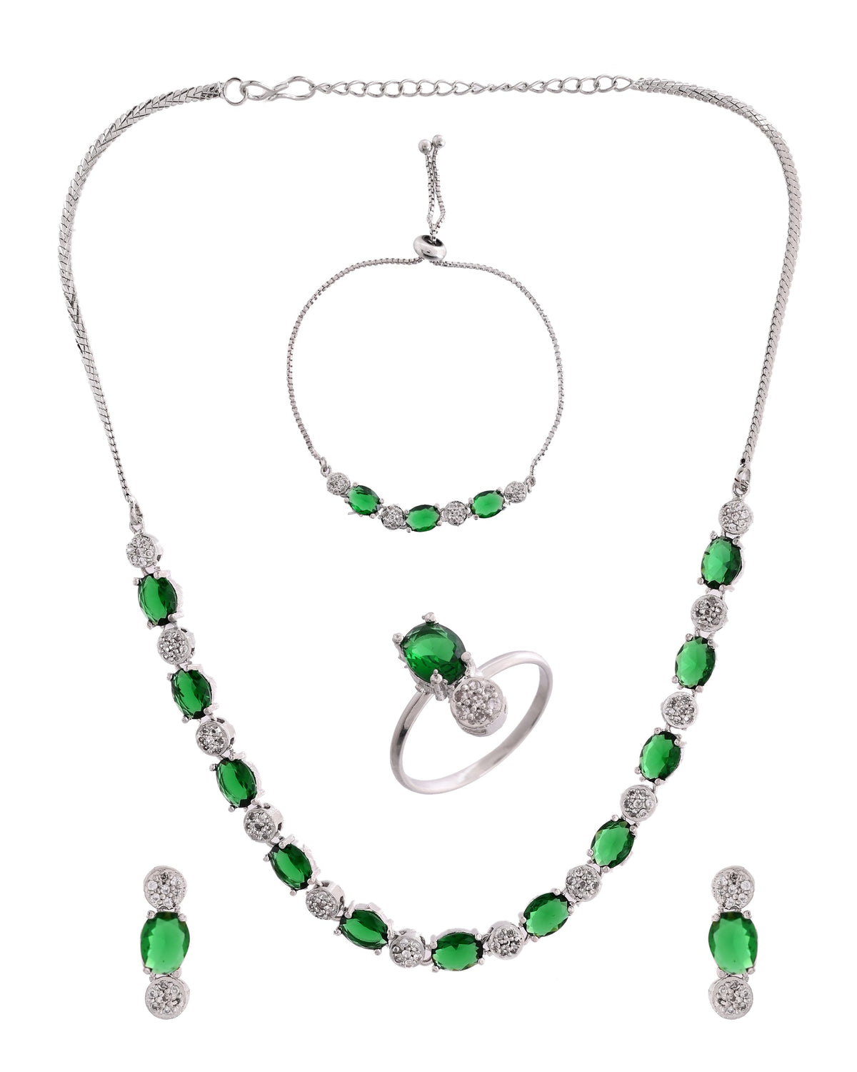 VOJ Silver Plated Green Stone Studded Necklace With Earrings, Ring And Bracelet Set | Grocsy