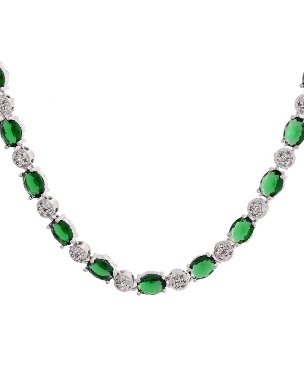 VOJ Silver Plated Green Stone Studded Necklace With Earrings, Ring And Bracelet Set | Grocsy