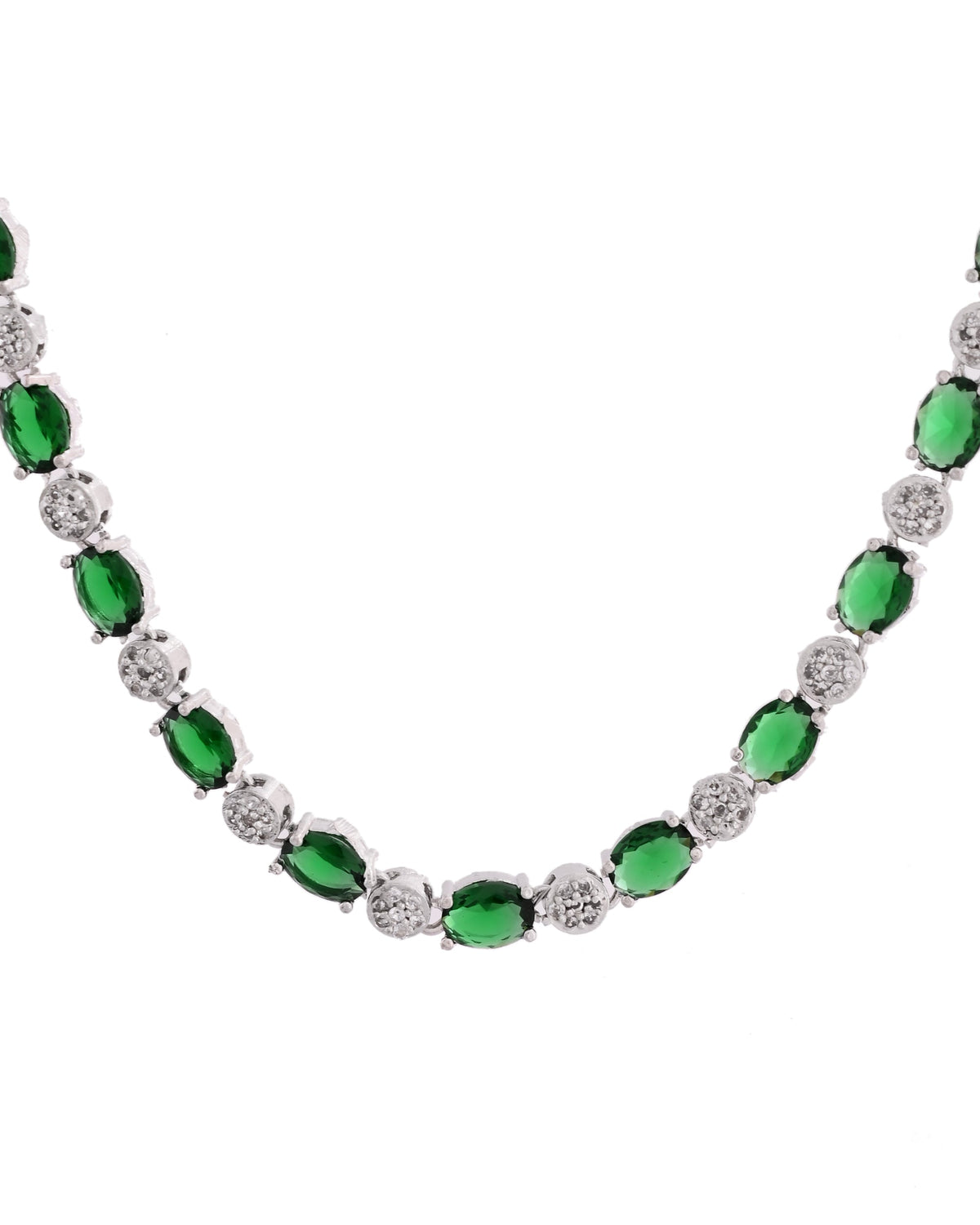 VOJ Silver Plated Green Stone Studded Necklace With Earrings, Ring And Bracelet Set | Grocsy