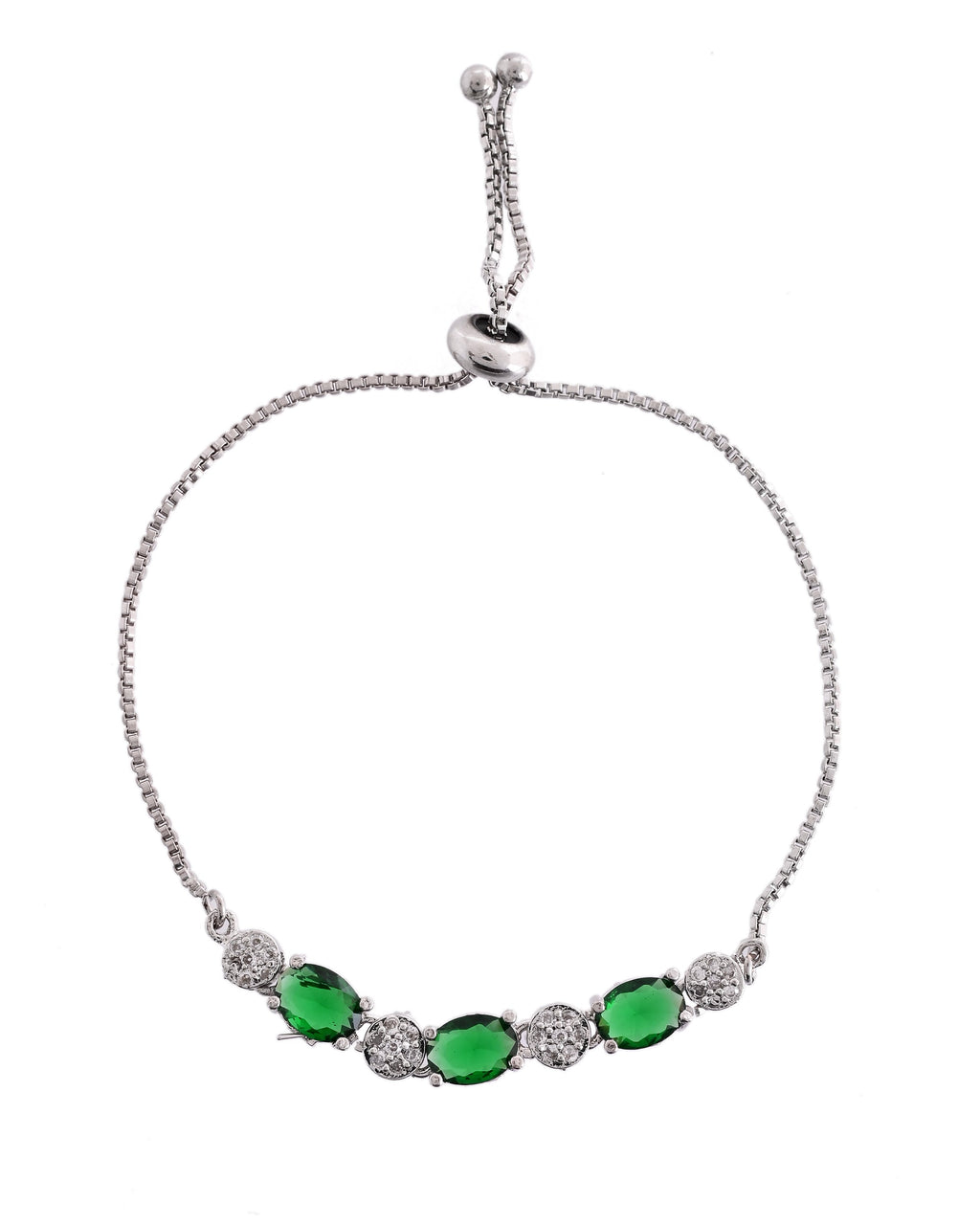 VOJ Silver Plated Green Stone Studded Necklace With Earrings, Ring And Bracelet Set | Grocsy