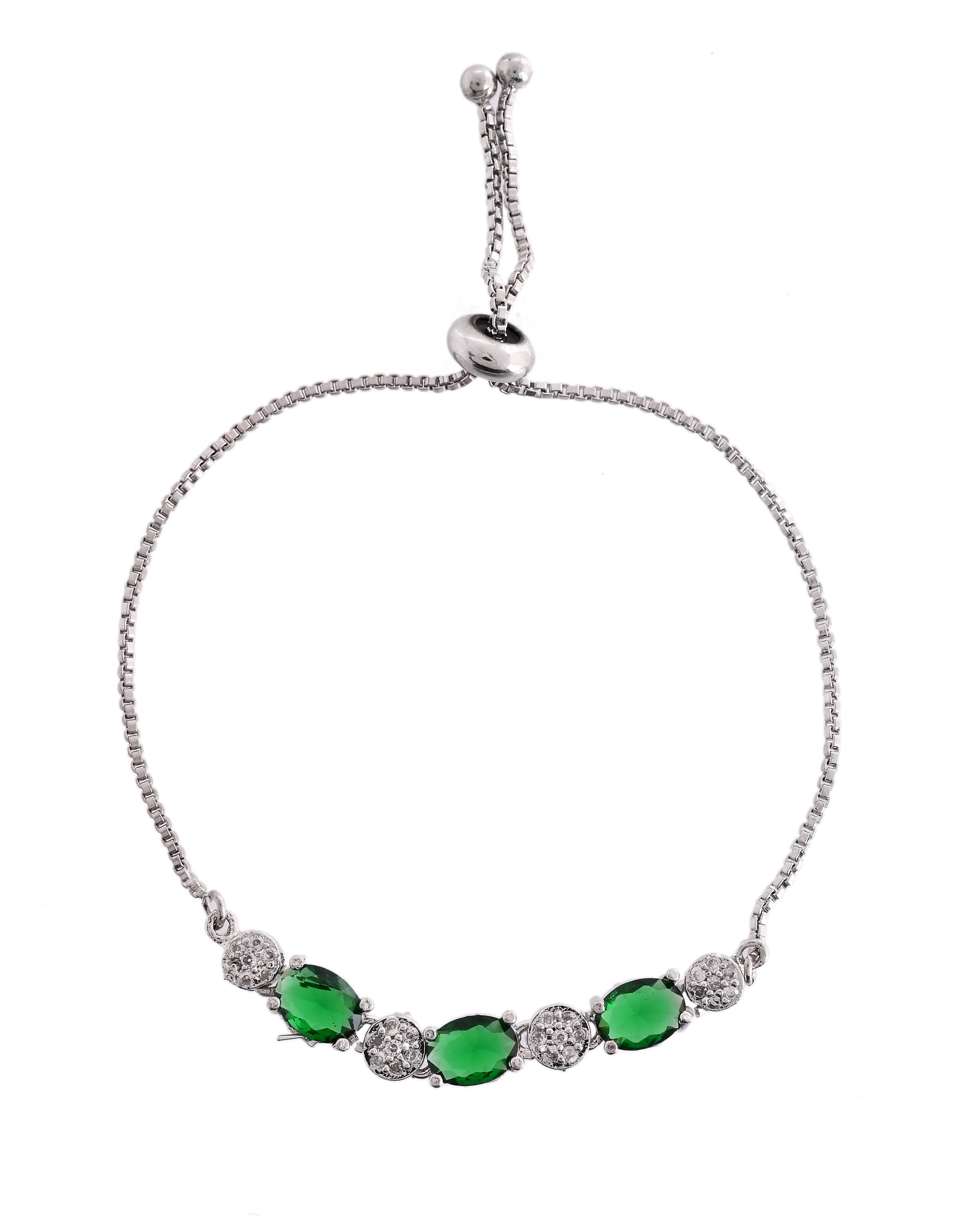 VOJ Silver Plated Green Stone Studded Necklace With Earrings, Ring And Bracelet Set | Grocsy