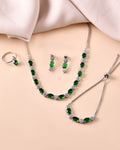 VOJ Silver Plated Green Stone Studded Necklace With Earrings, Ring And Bracelet Set | Grocsy