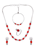 VOJ Silver Plated Red Stone Studded Necklace With Earrings, Ring And Bracelet Set | Grocsy