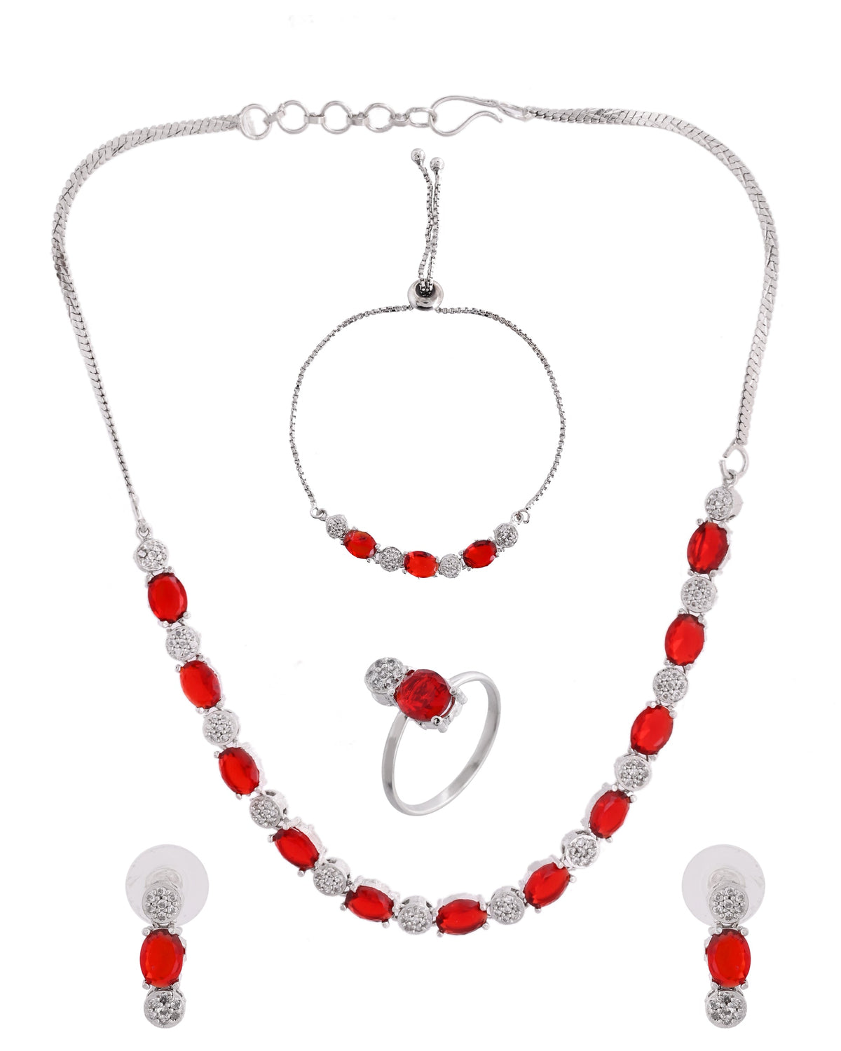 VOJ Silver Plated Red Stone Studded Necklace With Earrings, Ring And Bracelet Set | Grocsy