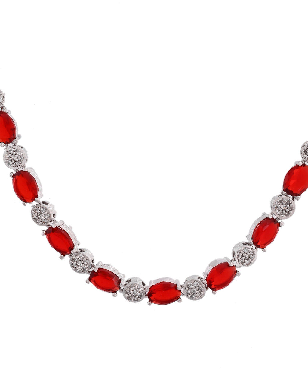 VOJ Silver Plated Red Stone Studded Necklace With Earrings, Ring And Bracelet Set | Grocsy