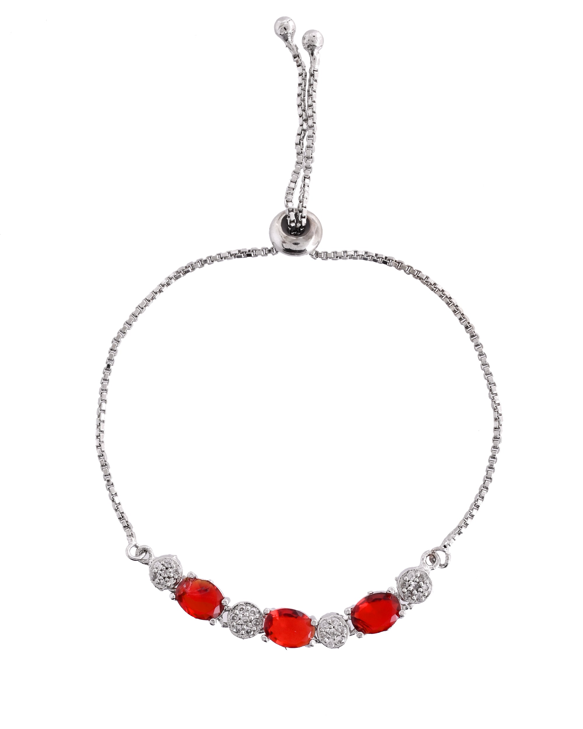 VOJ Silver Plated Red Stone Studded Necklace With Earrings, Ring And Bracelet Set | Grocsy