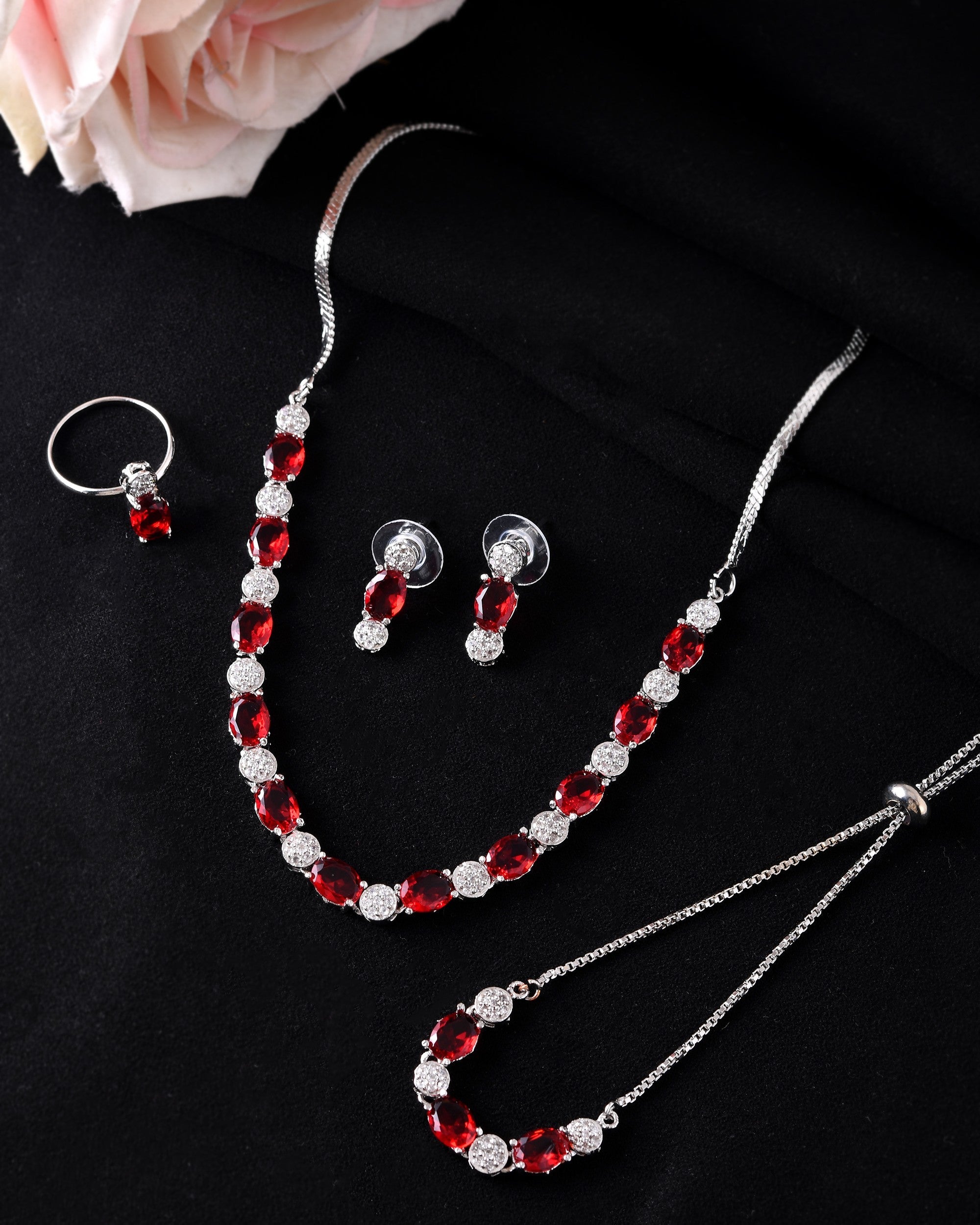VOJ Silver Plated Red Stone Studded Necklace With Earrings, Ring And Bracelet Set | Grocsy