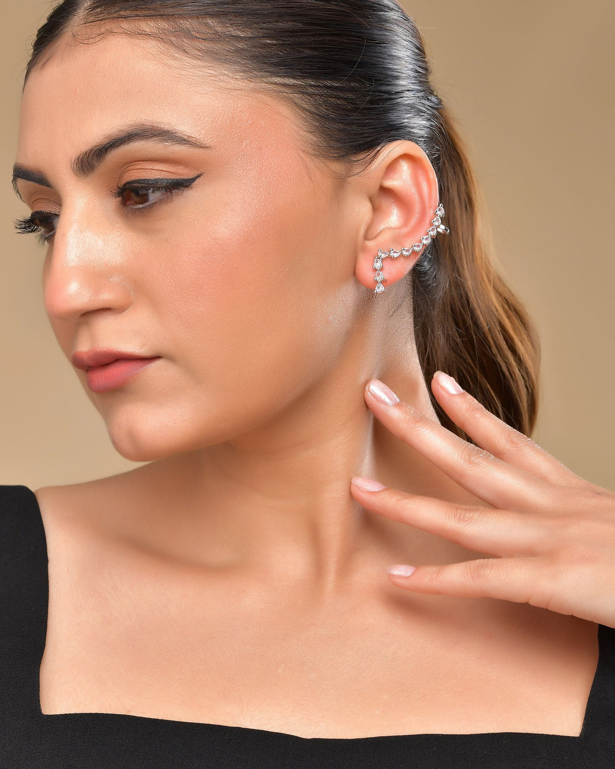 VOJ Silver Plated Cz Stone Studded Teardrop Shaped Ear Cuff Earrings | Grocsy