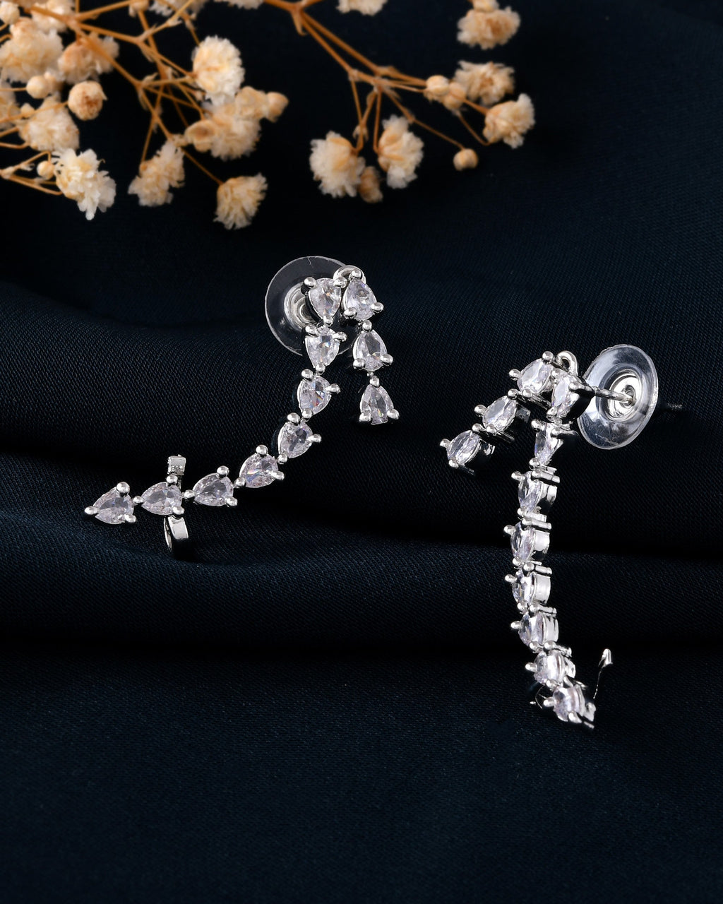 VOJ Silver Plated Cz Stone Studded Teardrop Shaped Ear Cuff Earrings | Grocsy