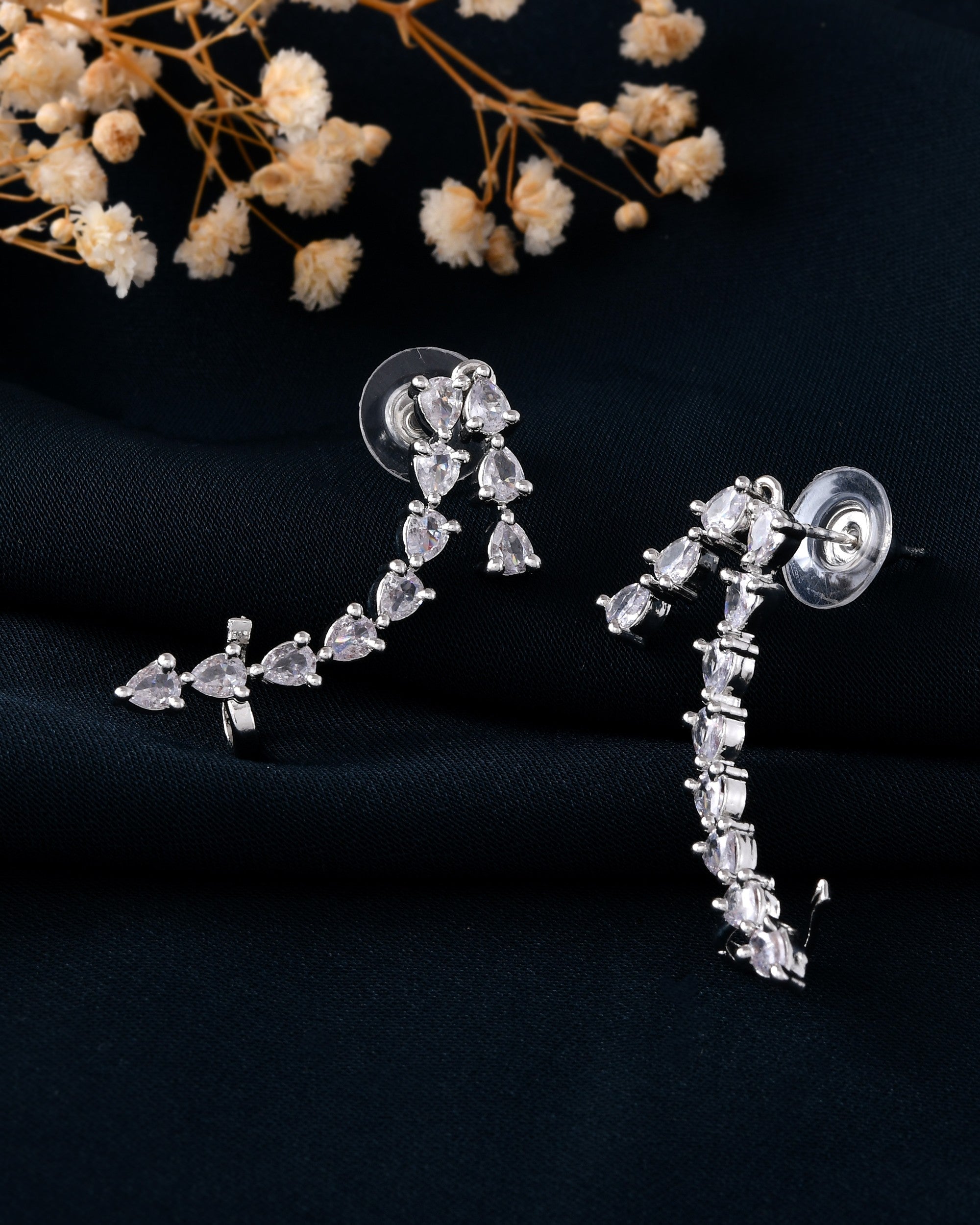VOJ Silver Plated Cz Stone Studded Teardrop Shaped Ear Cuff Earrings | Grocsy