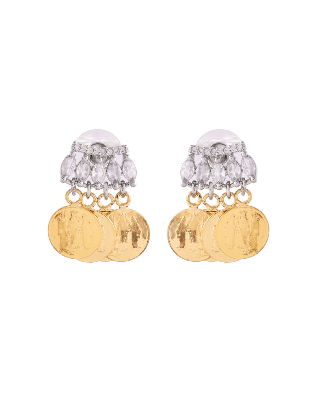 VOJ Gold Polished Small Coin & Stone Studded Studs Earrings | Grocsy