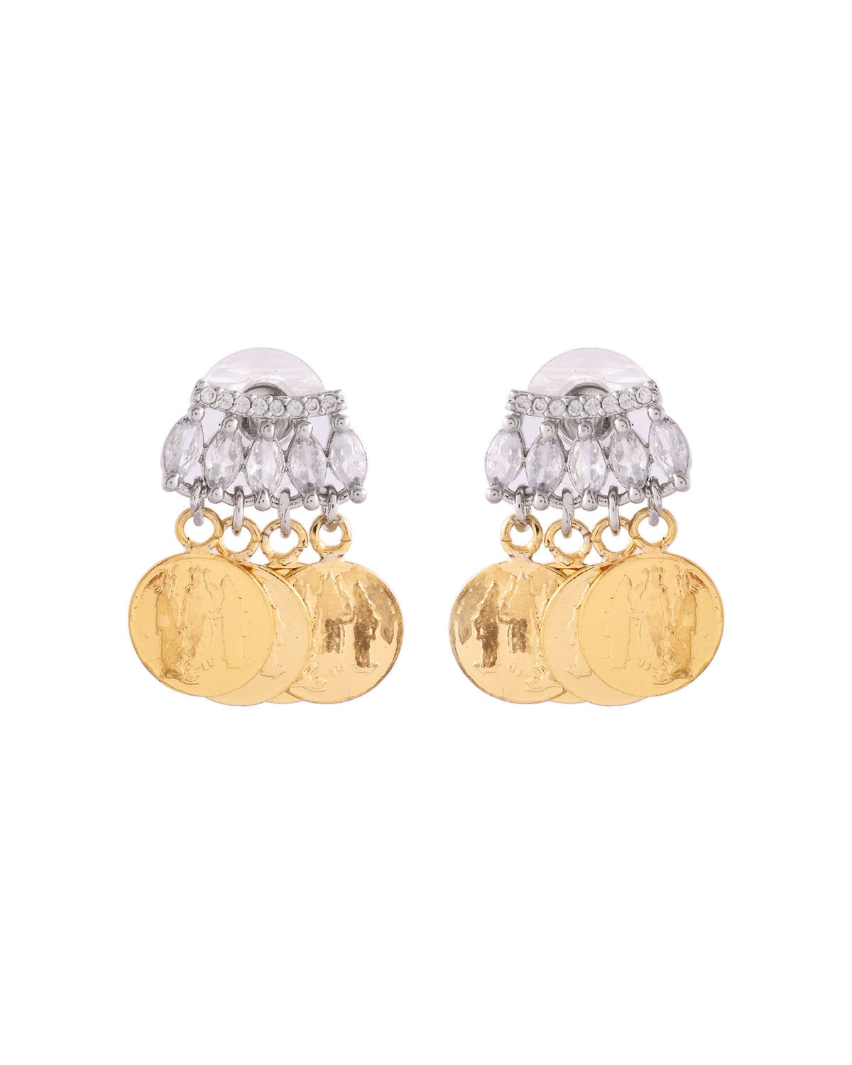 VOJ Gold Polished Small Coin & Stone Studded Studs Earrings | Grocsy