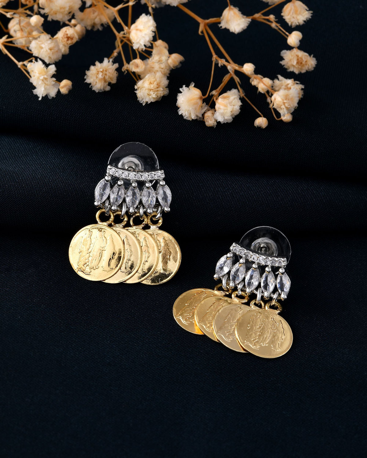 VOJ Gold Polished Small Coin & Stone Studded Studs Earrings | Grocsy