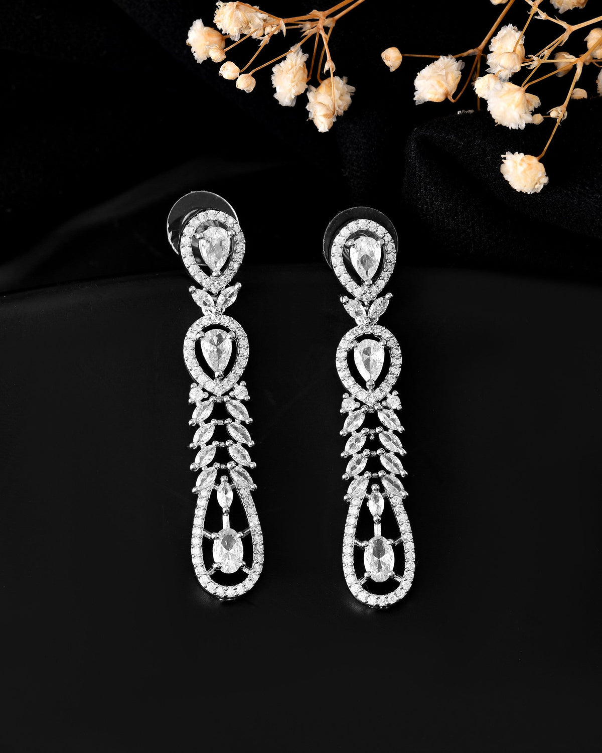 VOJ Silver Plated Ad Stone Studded Long Earrings | Grocsy