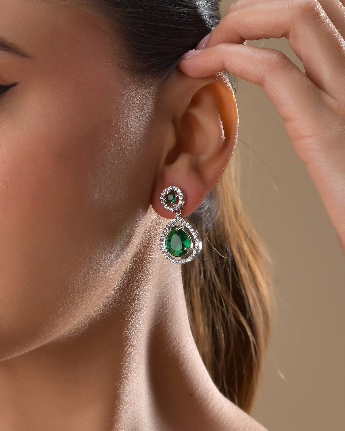 VOJ Silver Plated Green Stone Studded Teardrop Shaped Earrings | Grocsy