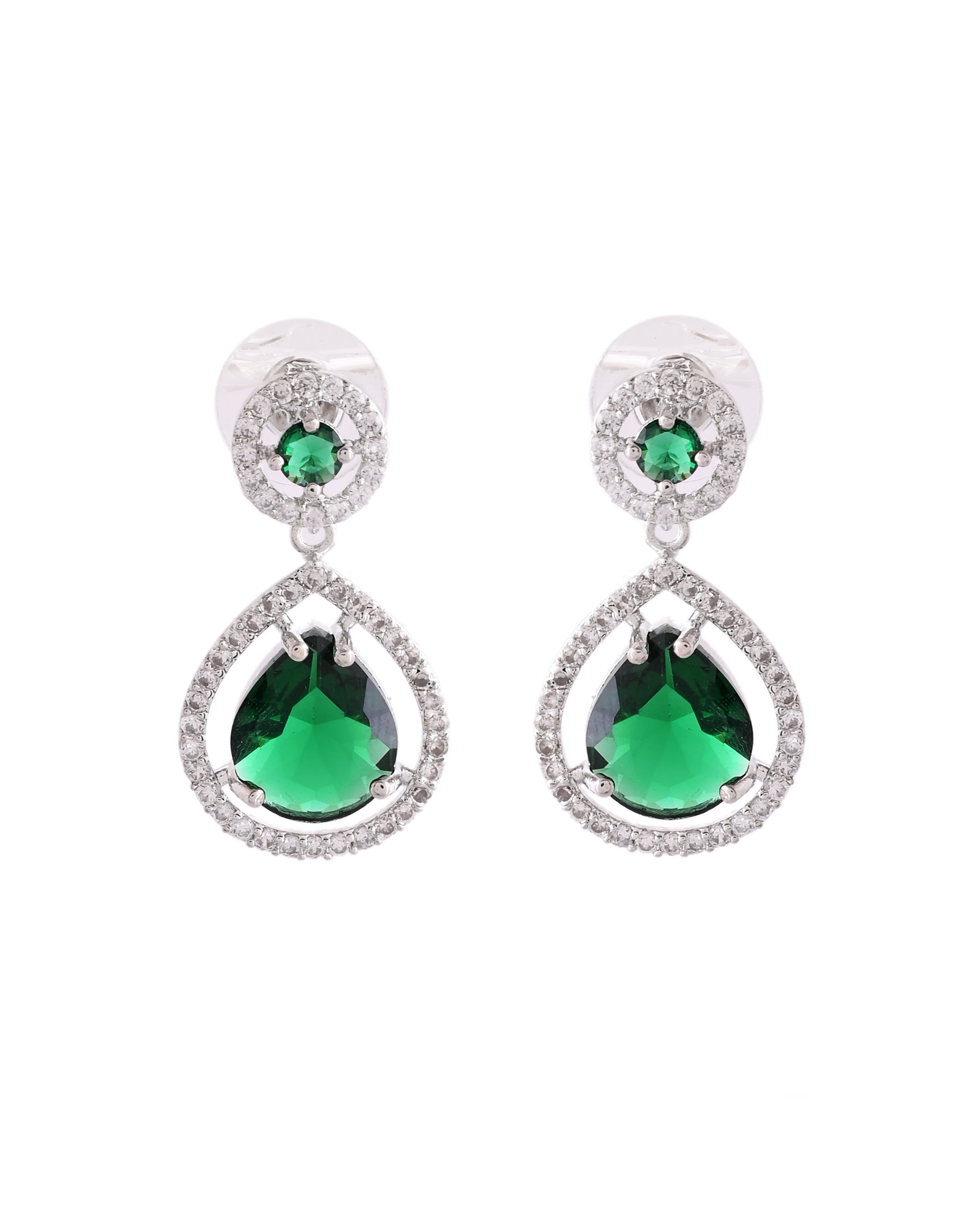 VOJ Silver Plated Green Stone Studded Teardrop Shaped Earrings | Grocsy