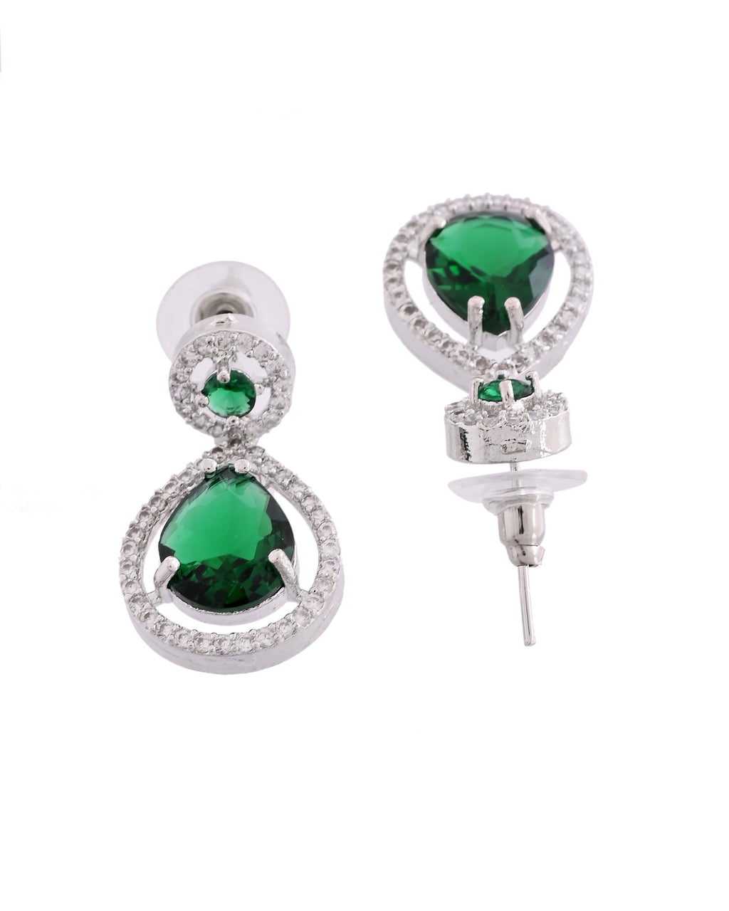 VOJ Silver Plated Green Stone Studded Teardrop Shaped Earrings | Grocsy