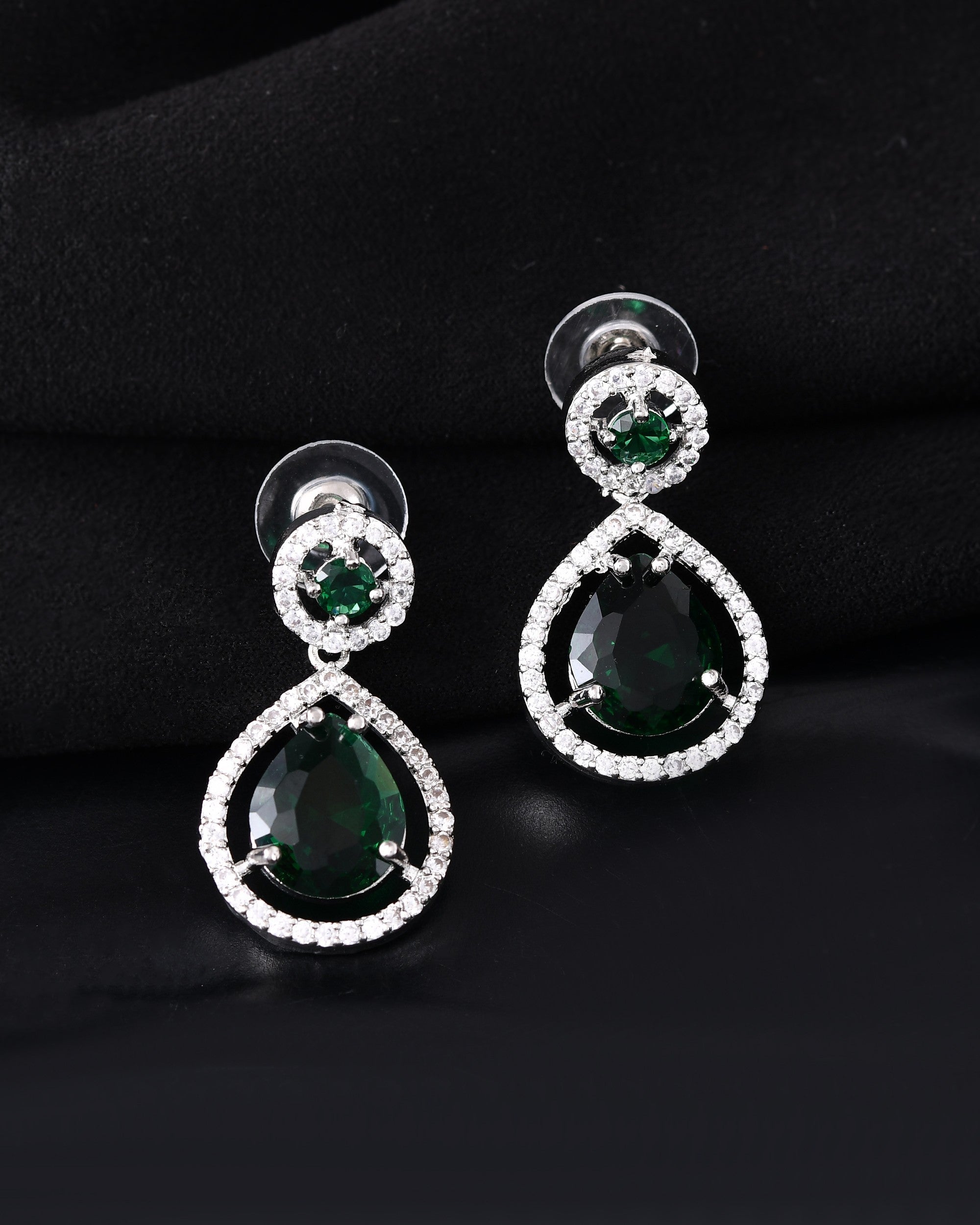 VOJ Silver Plated Green Stone Studded Teardrop Shaped Earrings | Grocsy