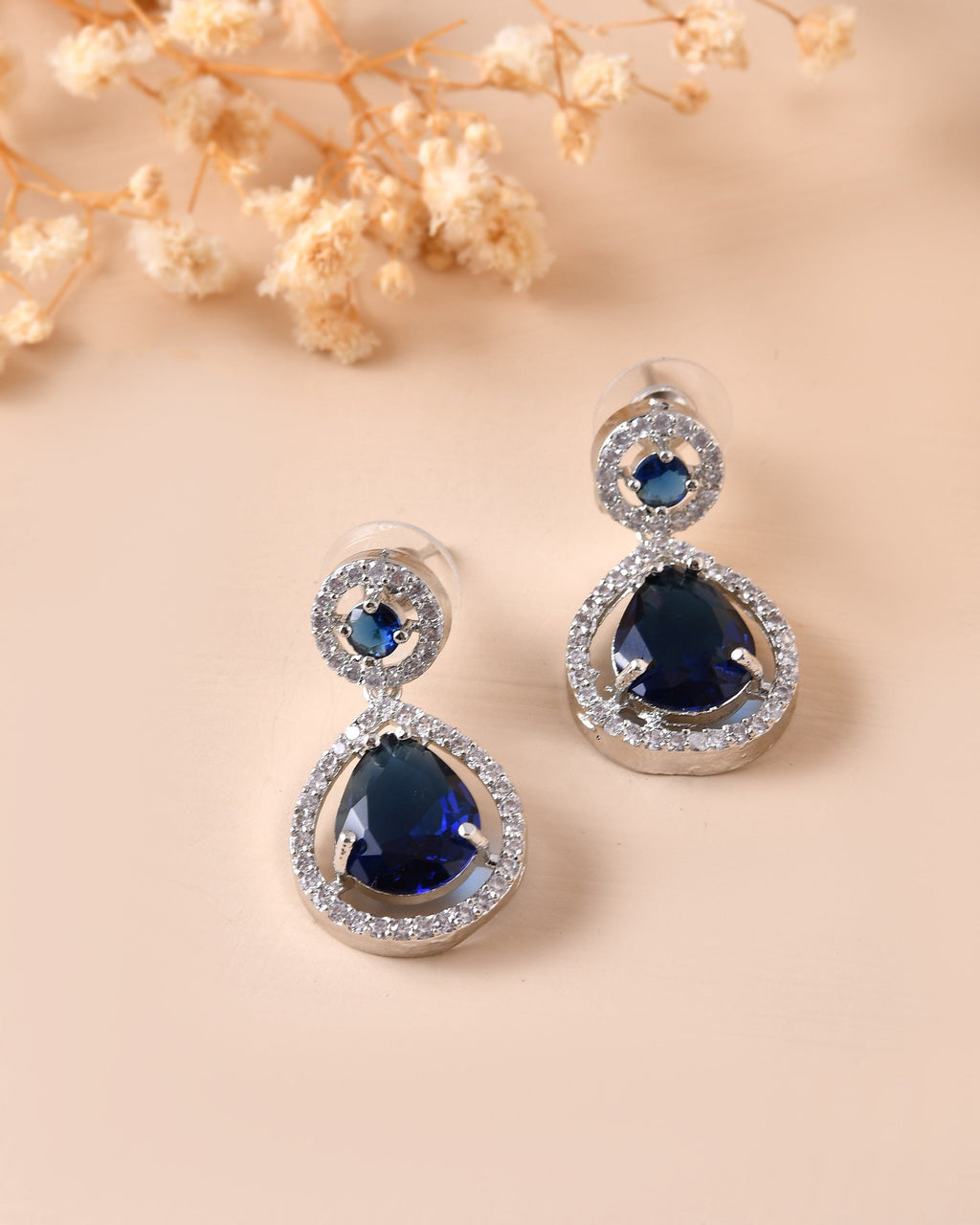 VOJ Silver Plated Blue Stone Studded Teardrop Shaped Earrings | Grocsy