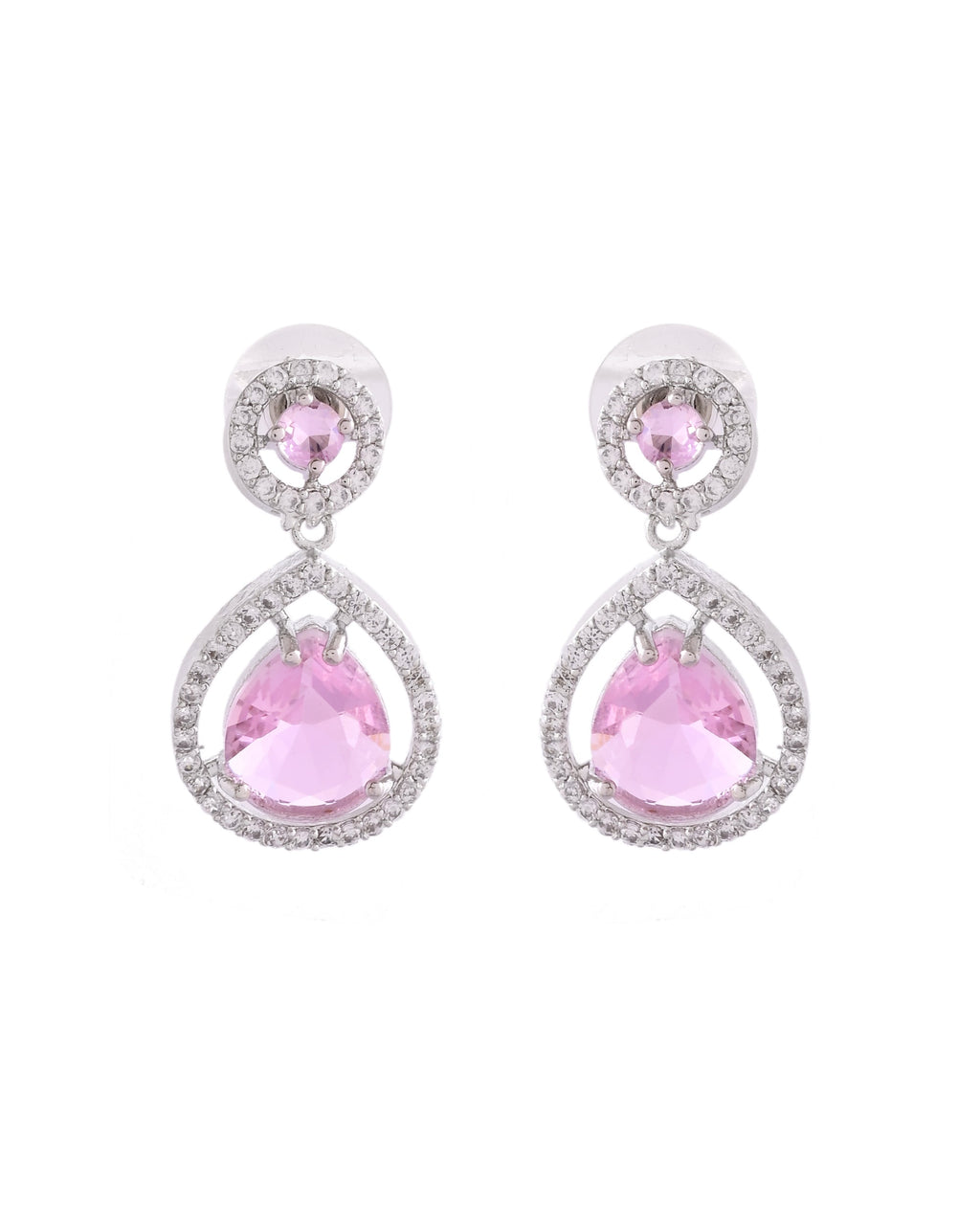 VOJ Silver Plated Baby Pink Stone Studded Teardrop Shaped Earrings | Grocsy