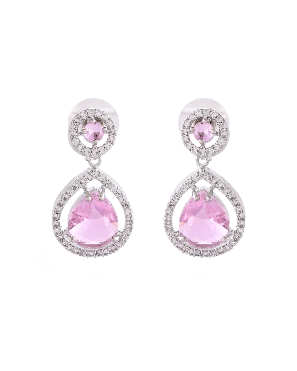 VOJ Silver Plated Baby Pink Stone Studded Teardrop Shaped Earrings | Grocsy
