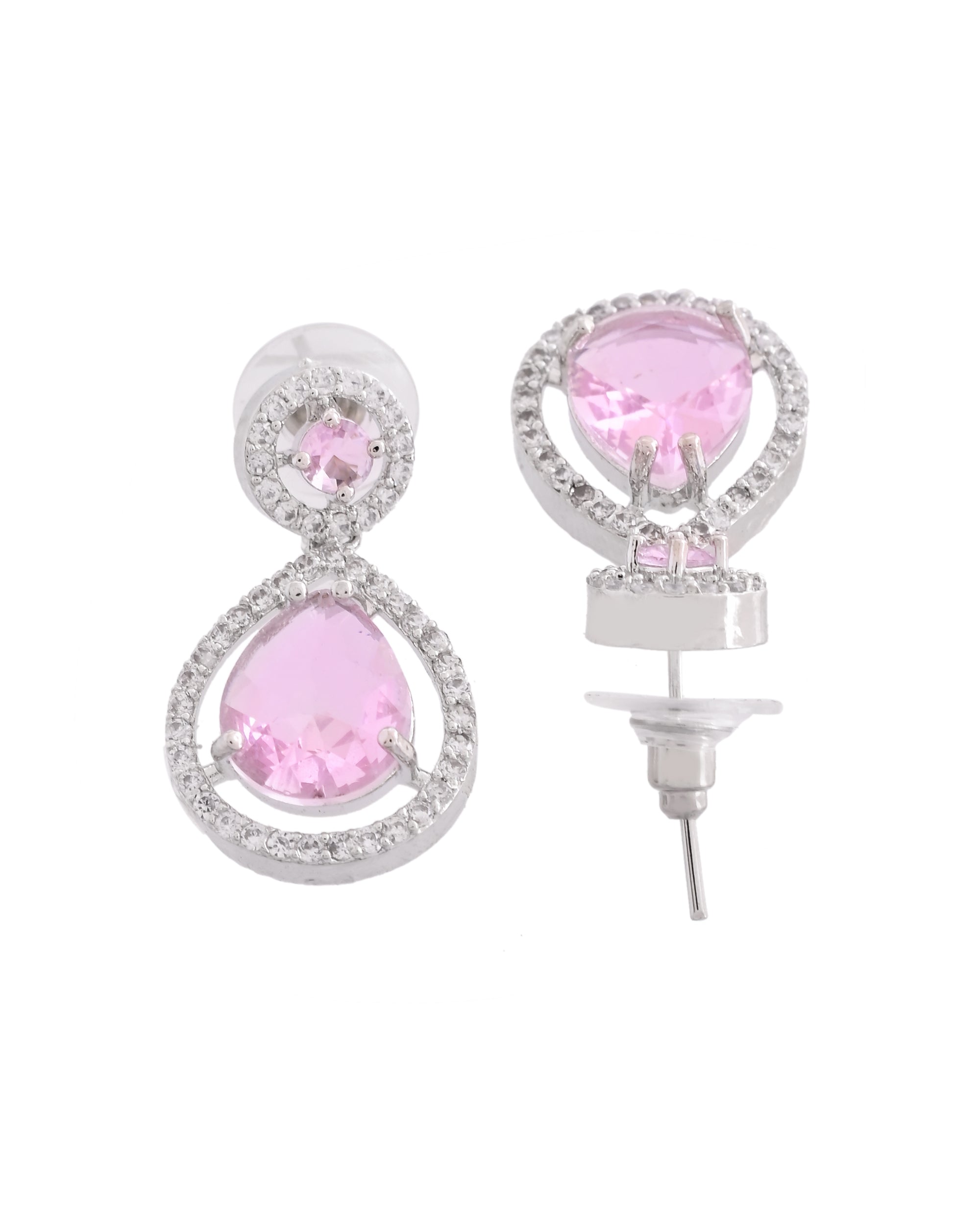 VOJ Silver Plated Baby Pink Stone Studded Teardrop Shaped Earrings | Grocsy