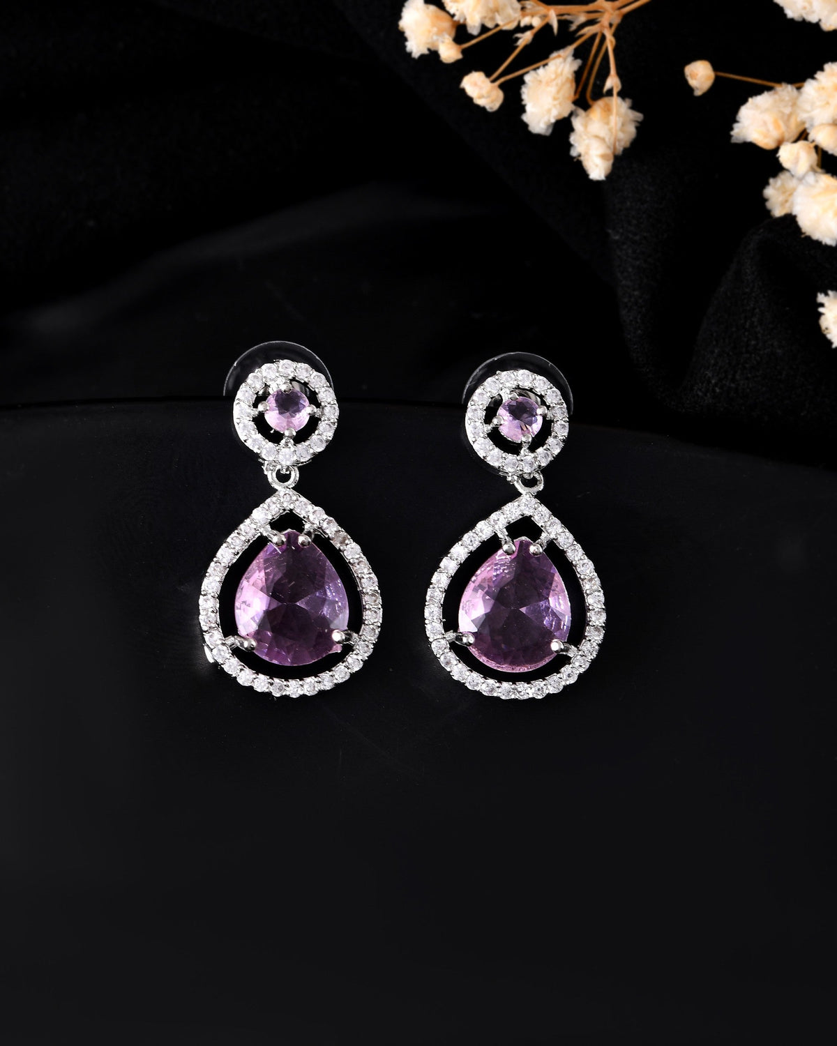 VOJ Silver Plated Baby Pink Stone Studded Teardrop Shaped Earrings | Grocsy