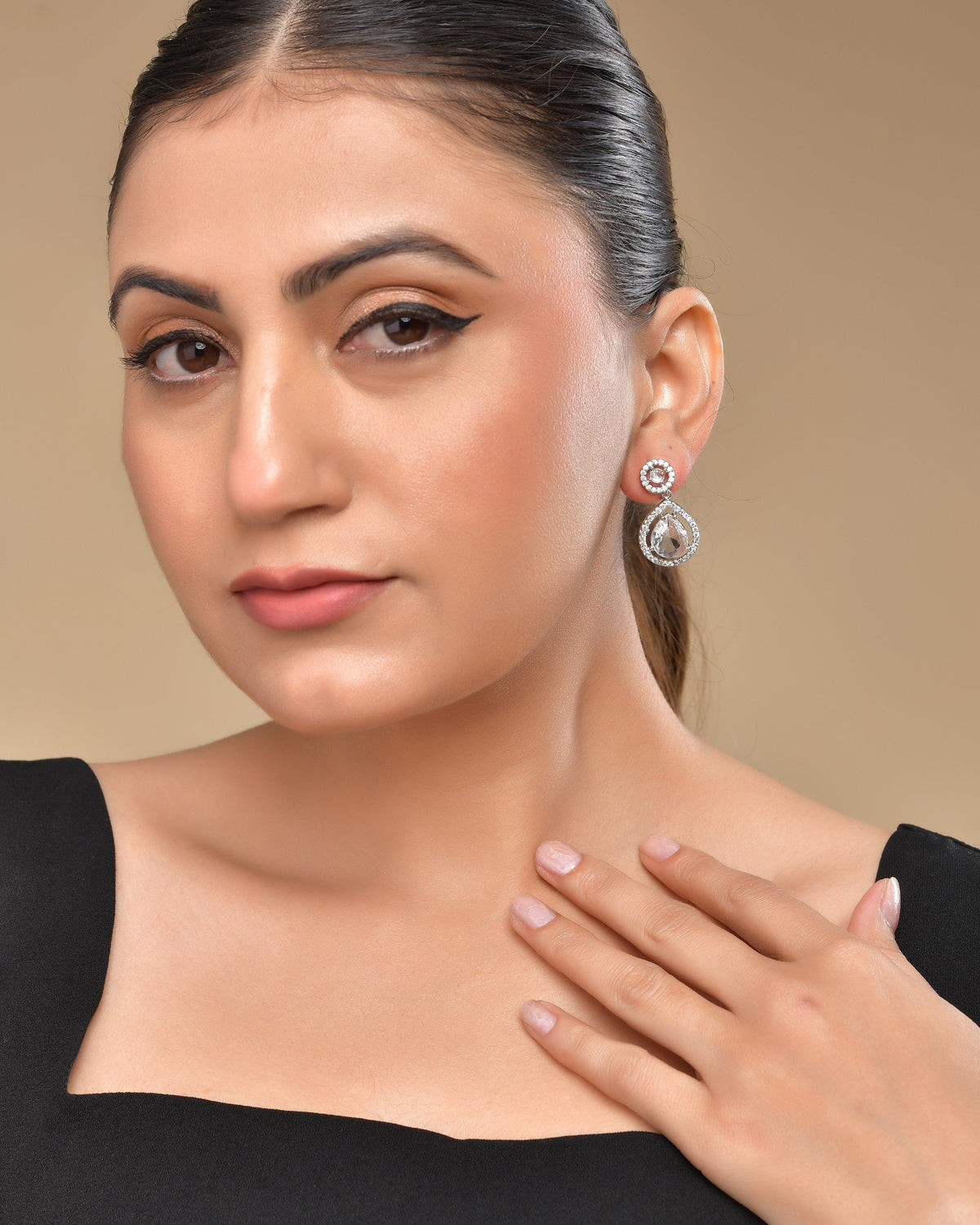 VOJ Silver Plated Stone Studded Teardrop Shaped Earrings | Grocsy