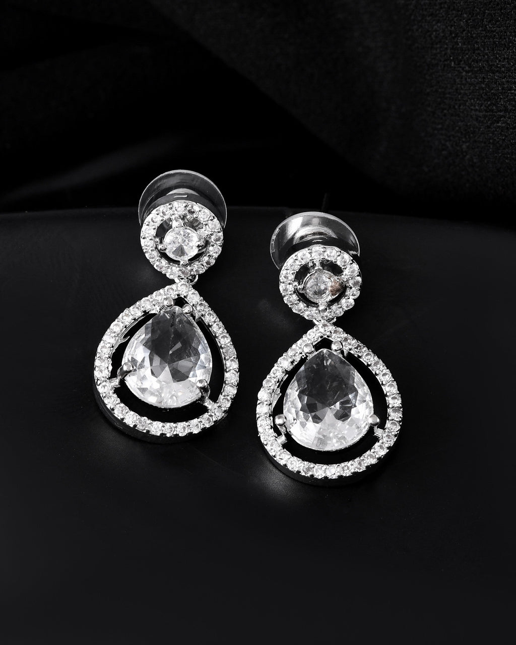 VOJ Silver Plated Stone Studded Teardrop Shaped Earrings | Grocsy
