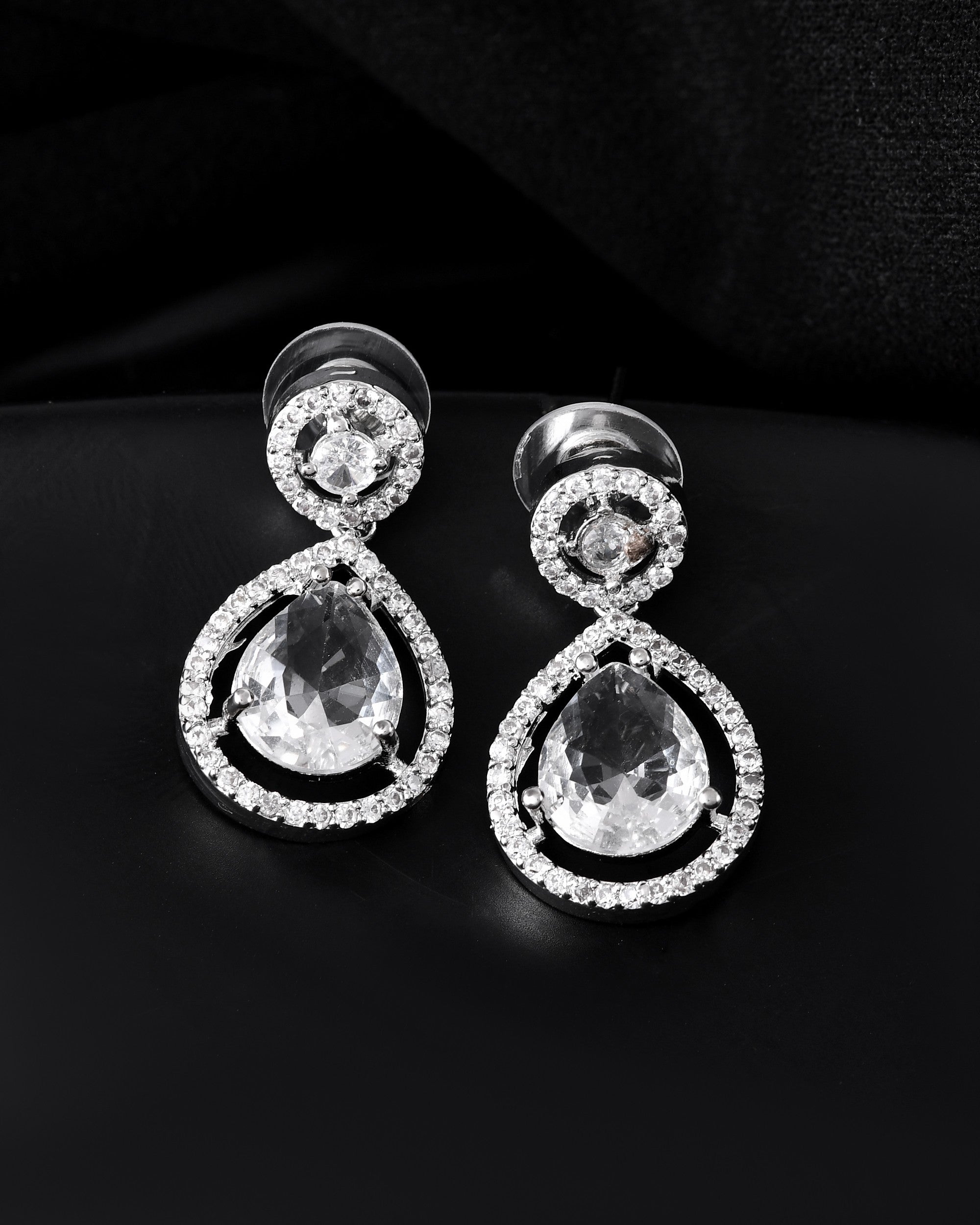 VOJ Silver Plated Stone Studded Teardrop Shaped Earrings | Grocsy