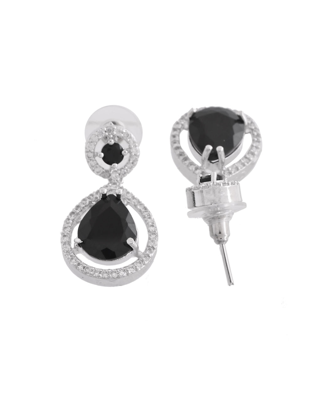 VOJ Silver Plated Black Stone Studded Teardrop Shaped Earrings | Grocsy