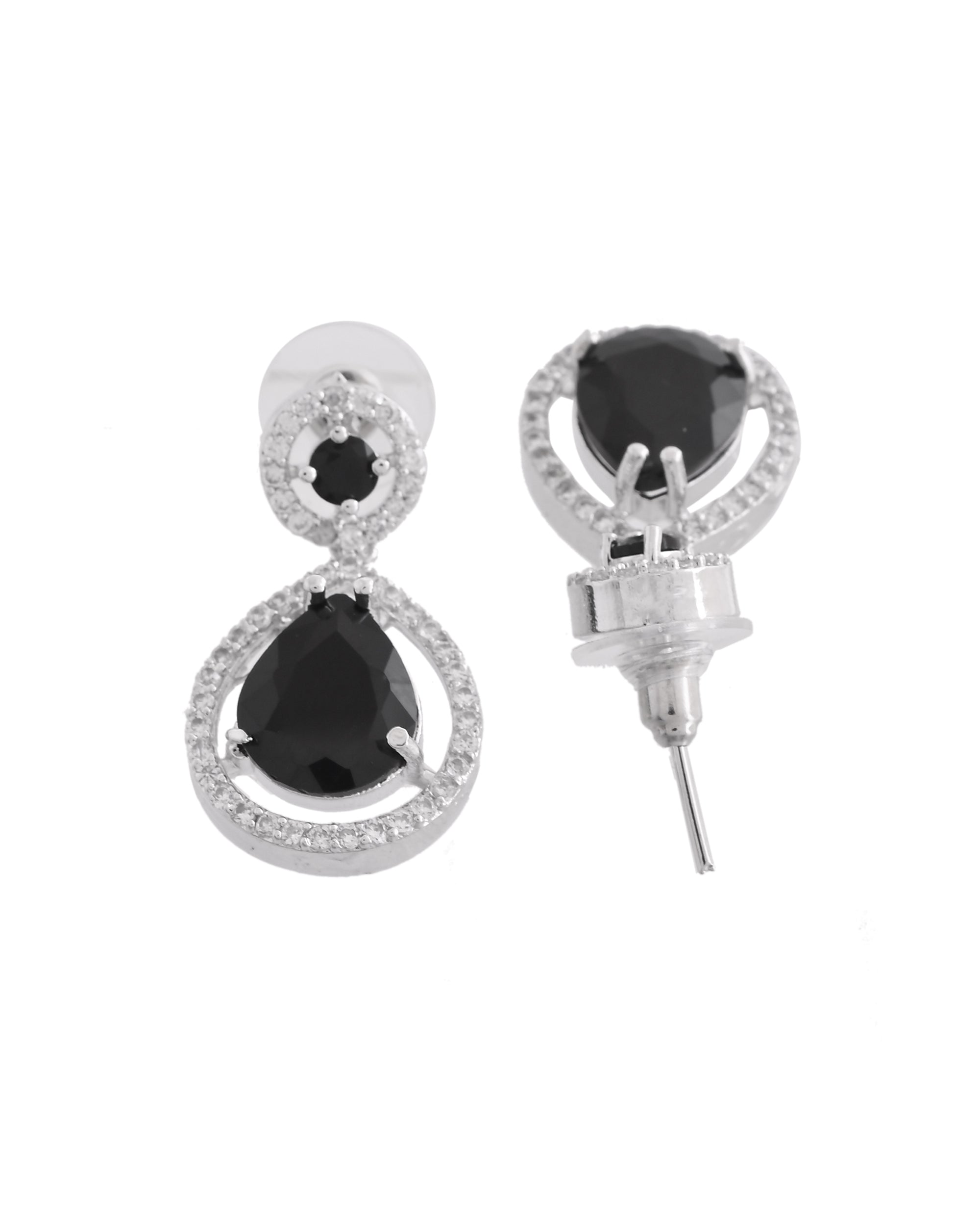 VOJ Silver Plated Black Stone Studded Teardrop Shaped Earrings | Grocsy