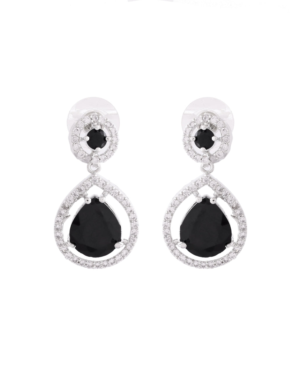 VOJ Silver Plated Black Stone Studded Teardrop Shaped Earrings | Grocsy