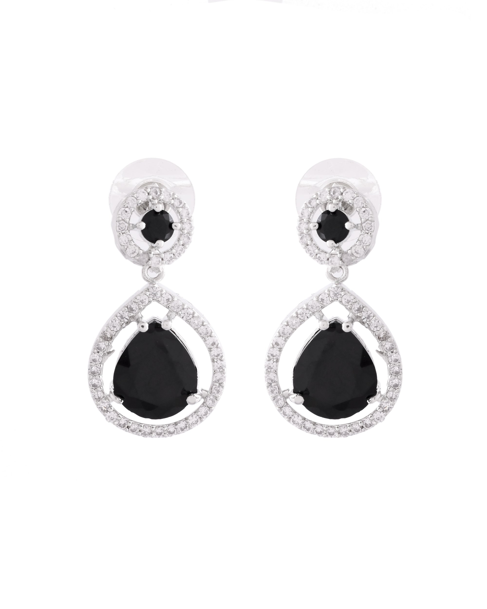 VOJ Silver Plated Black Stone Studded Teardrop Shaped Earrings | Grocsy