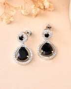 VOJ Silver Plated Black Stone Studded Teardrop Shaped Earrings | Grocsy