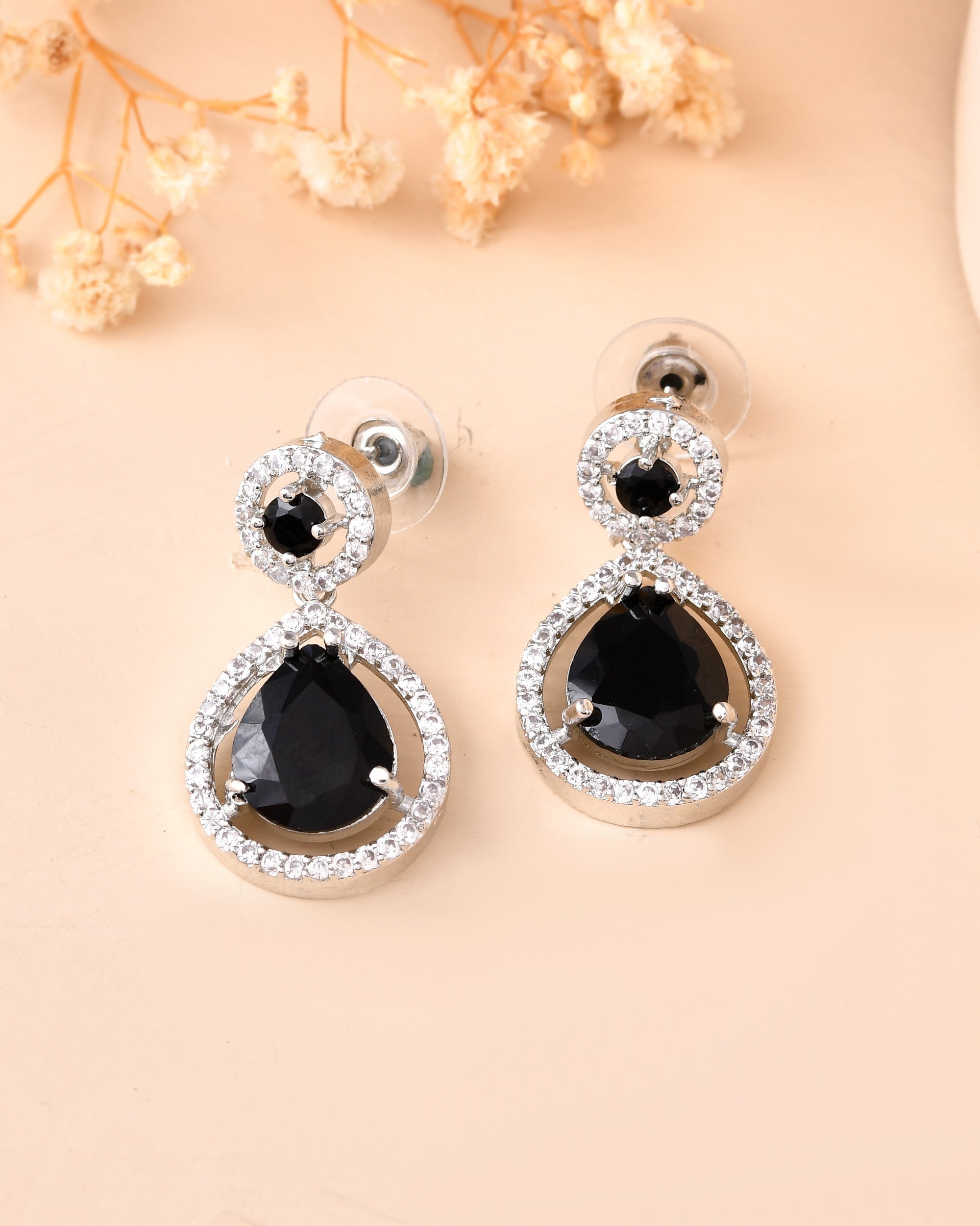 VOJ Silver Plated Black Stone Studded Teardrop Shaped Earrings | Grocsy