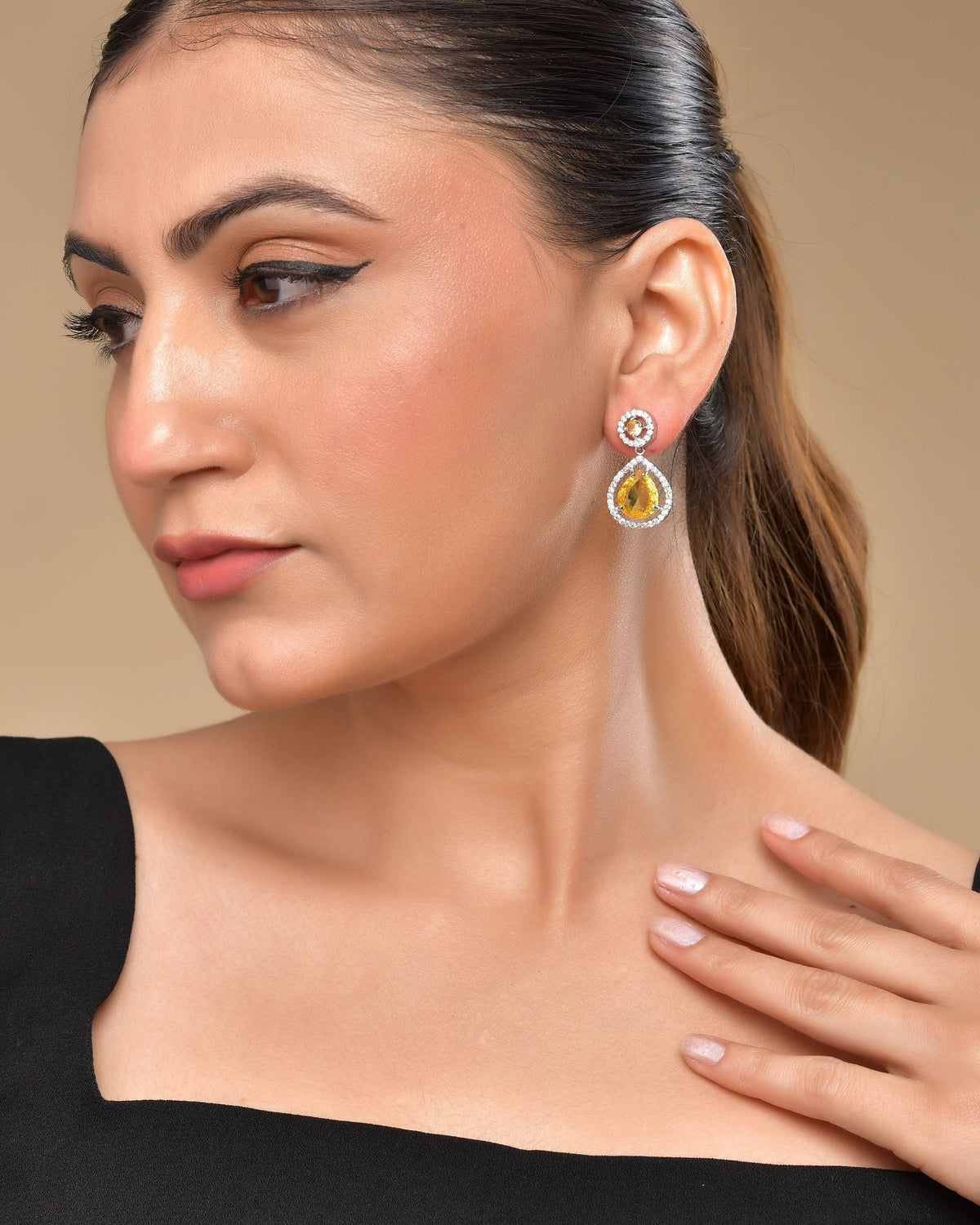 VOJ Silver Plated Yellow Stone Studded Teardrop Shaped Earrings | Grocsy