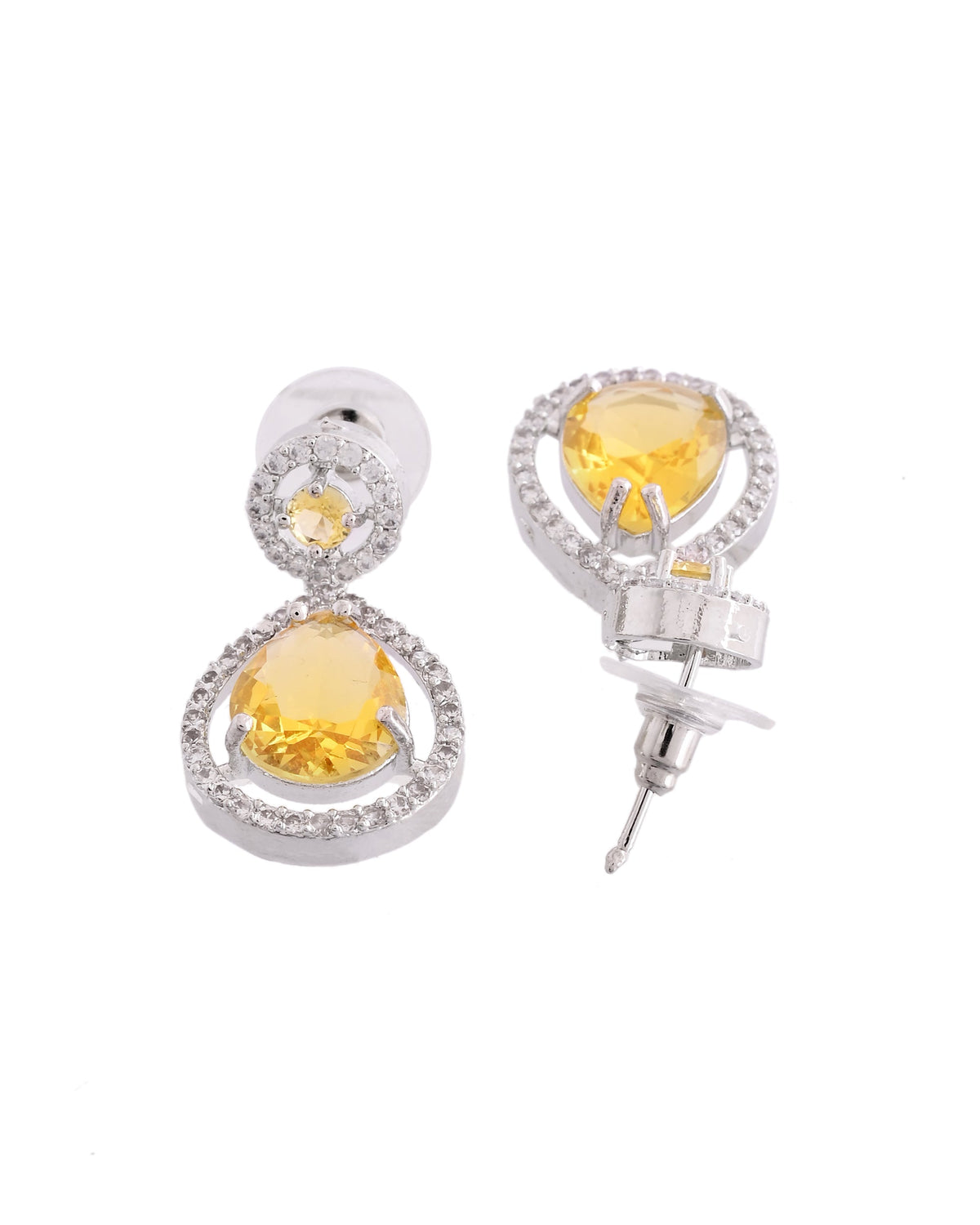 VOJ Silver Plated Yellow Stone Studded Teardrop Shaped Earrings | Grocsy