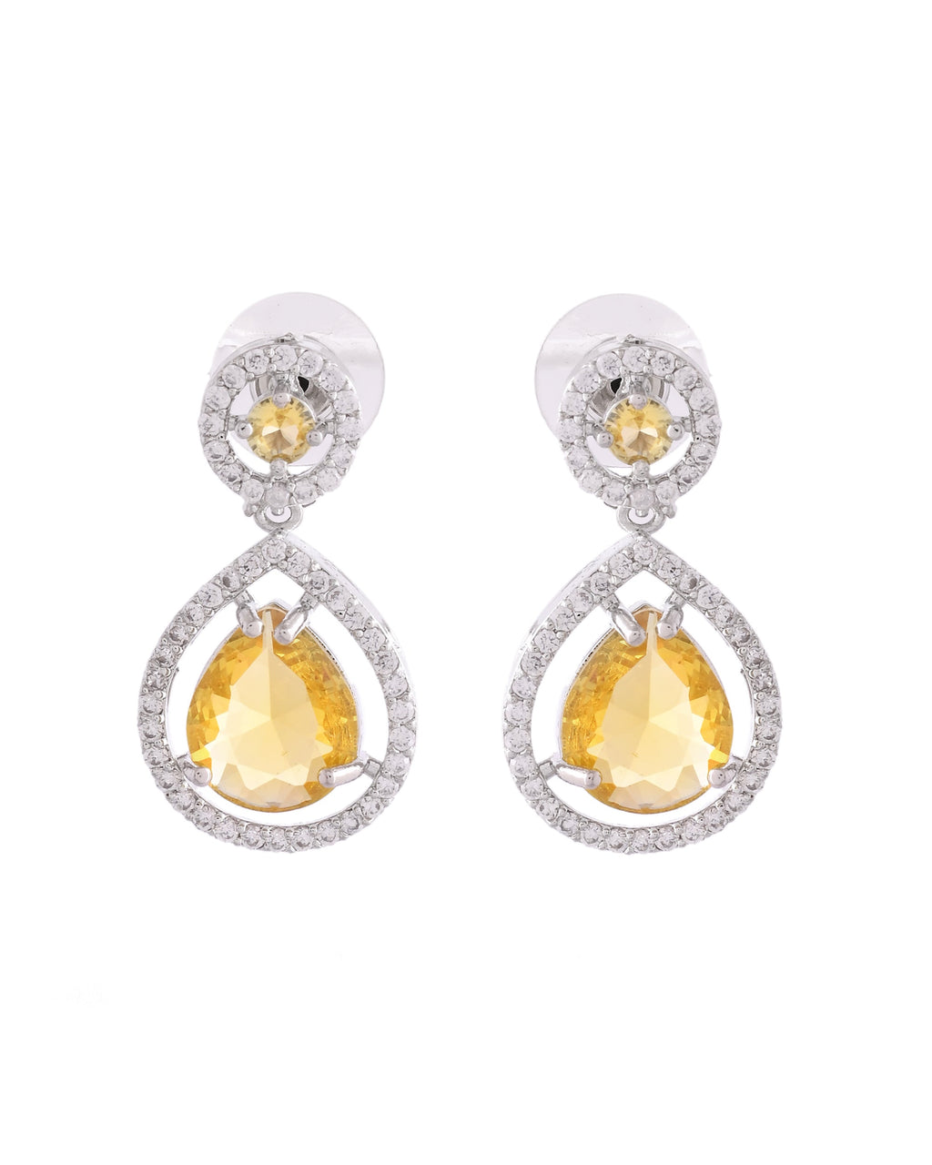 VOJ Silver Plated Yellow Stone Studded Teardrop Shaped Earrings | Grocsy