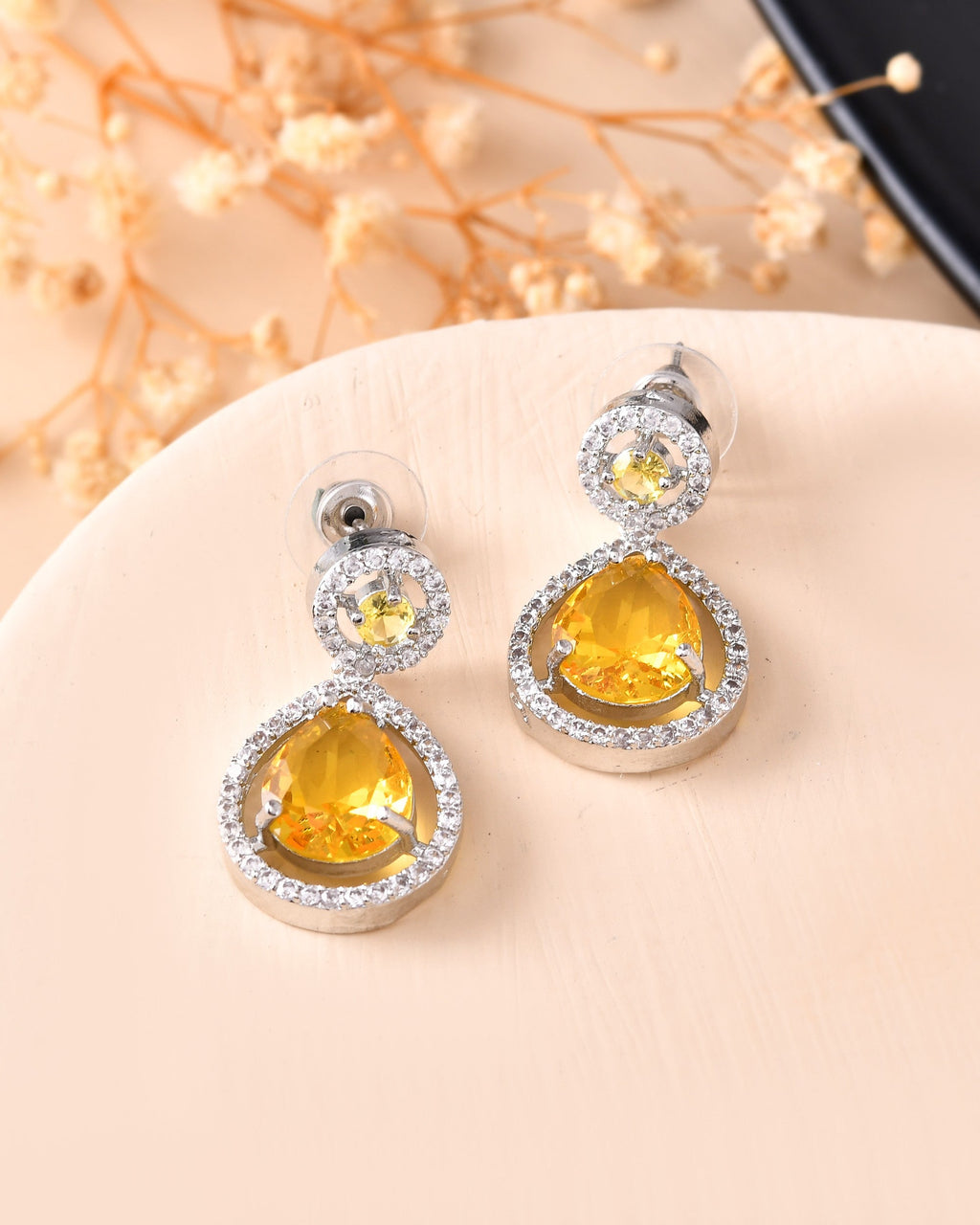 VOJ Silver Plated Yellow Stone Studded Teardrop Shaped Earrings | Grocsy