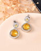 VOJ Silver Plated Yellow Stone Studded Teardrop Shaped Earrings | Grocsy