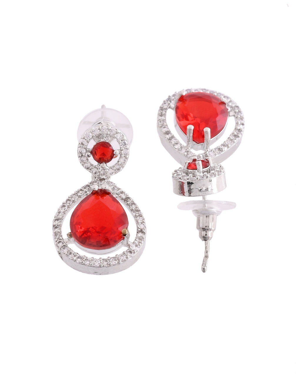 VOJ Silver Plated Red Stone Studded Teardrop Shaped Earrings | Grocsy