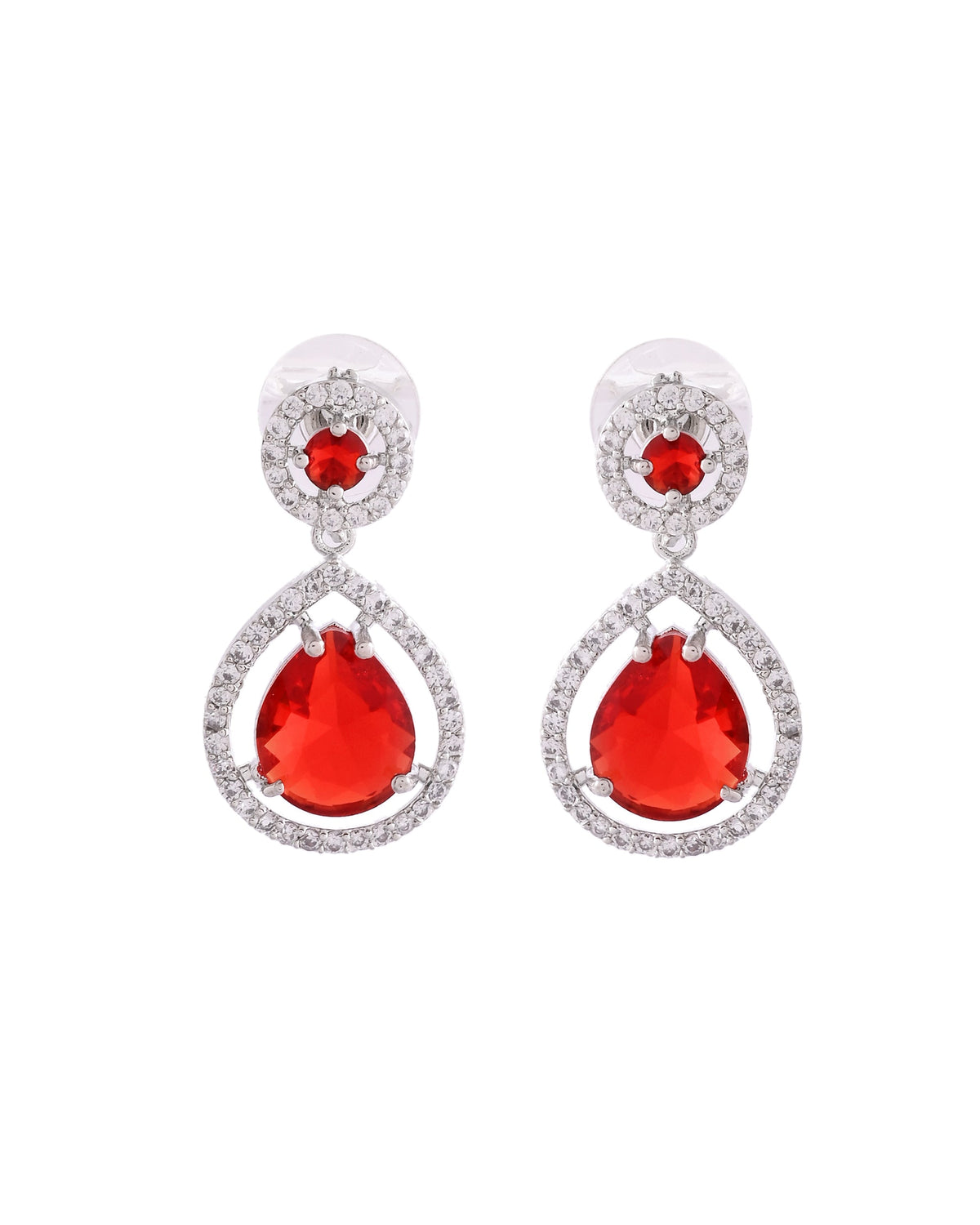 VOJ Silver Plated Red Stone Studded Teardrop Shaped Earrings | Grocsy