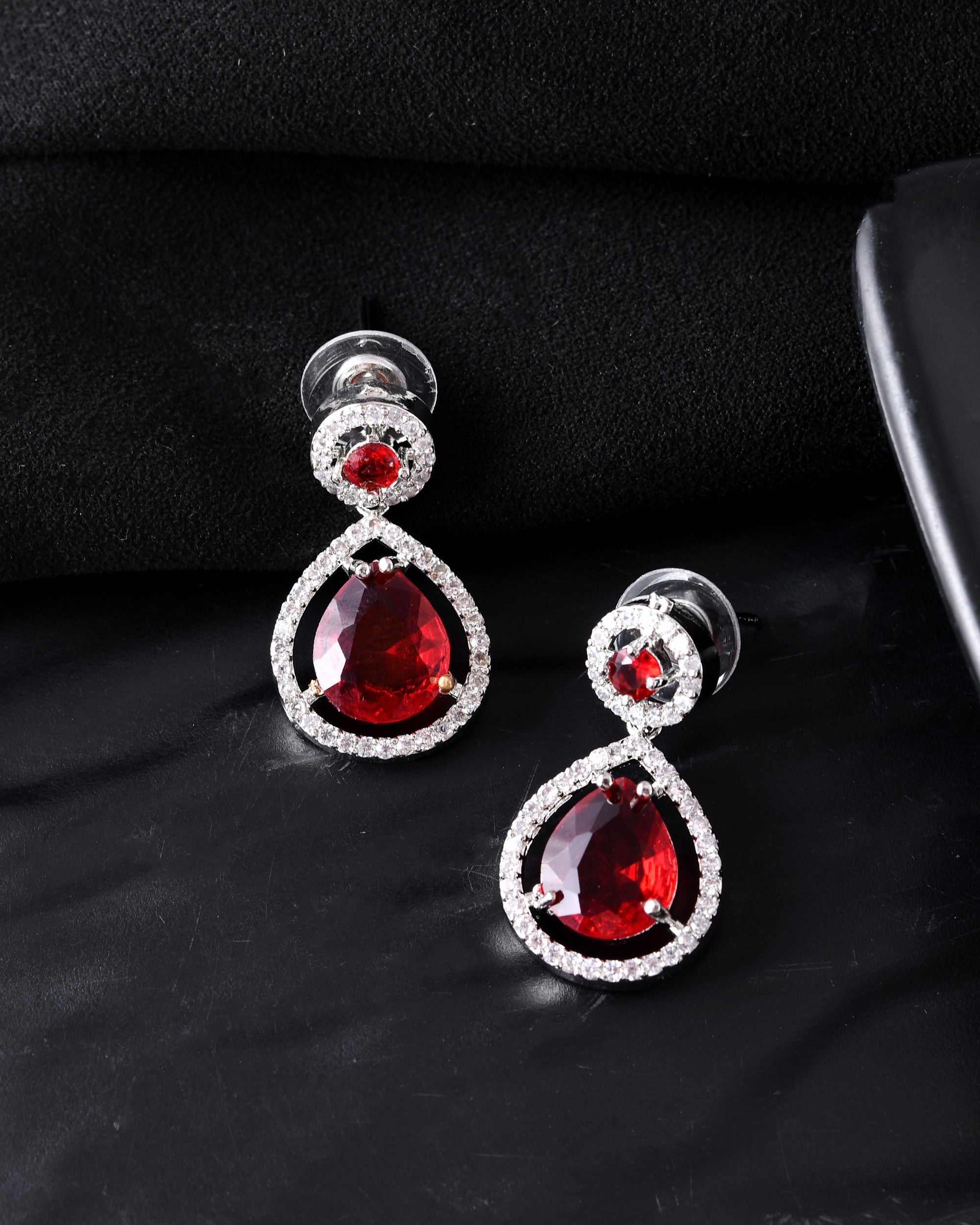 VOJ Silver Plated Red Stone Studded Teardrop Shaped Earrings | Grocsy