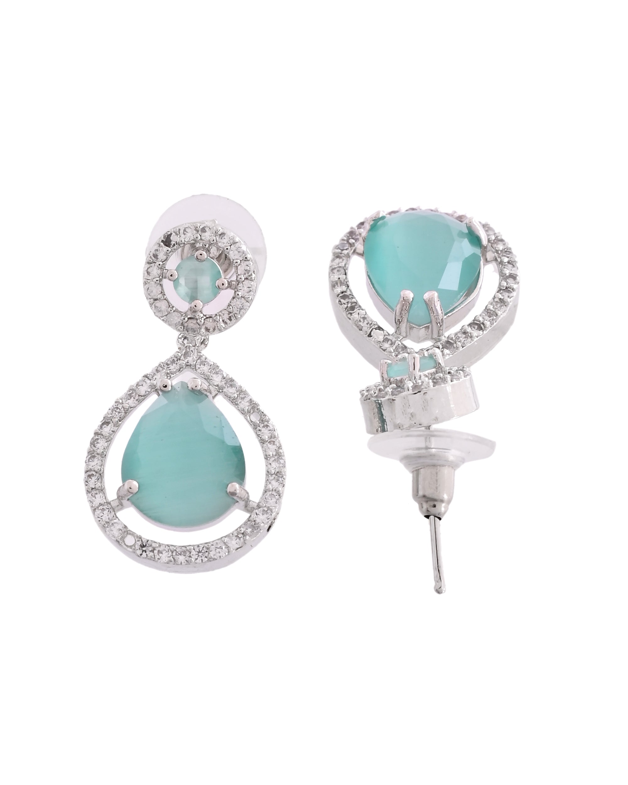 VOJ Silver Plated Sea Green Stone Studded Teardrop Shaped Earrings | Grocsy