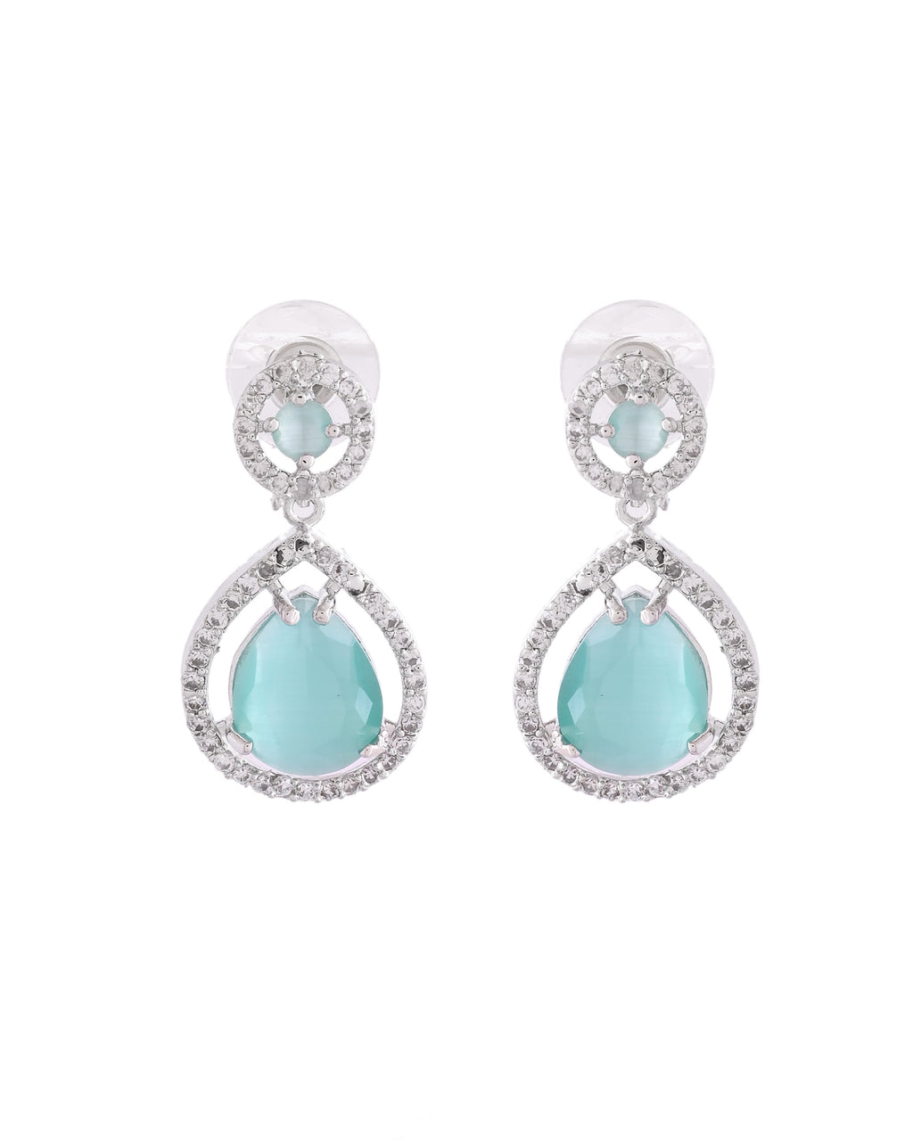 VOJ Silver Plated Sea Green Stone Studded Teardrop Shaped Earrings | Grocsy