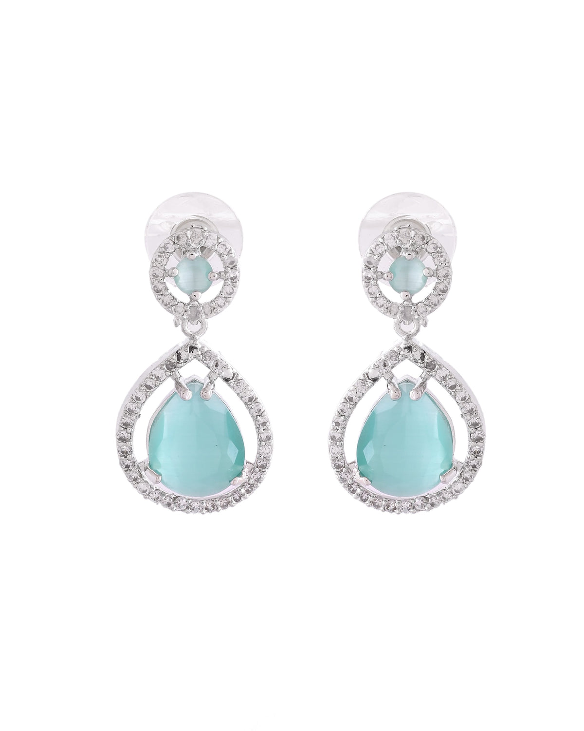 VOJ Silver Plated Sea Green Stone Studded Teardrop Shaped Earrings | Grocsy