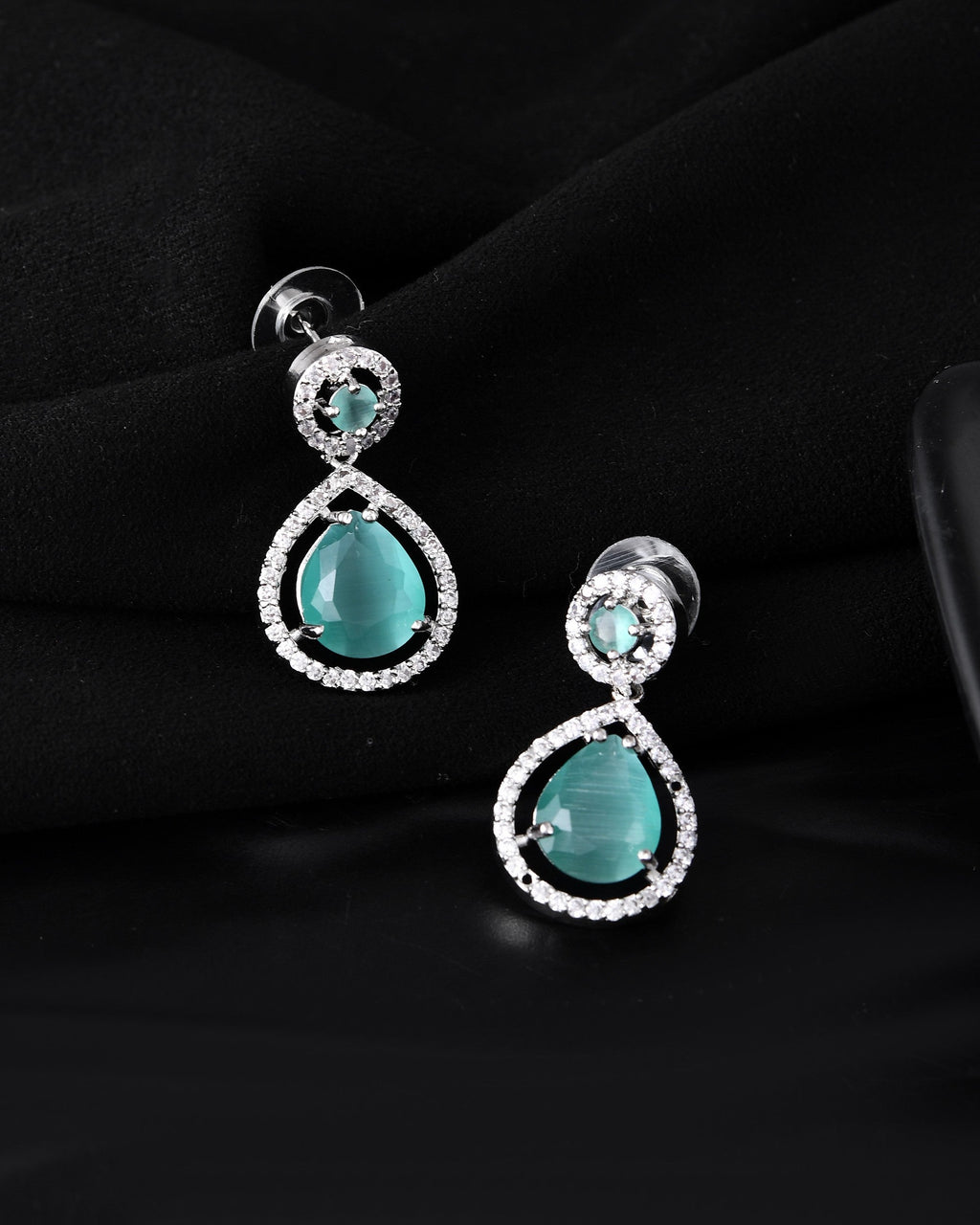VOJ Silver Plated Sea Green Stone Studded Teardrop Shaped Earrings | Grocsy