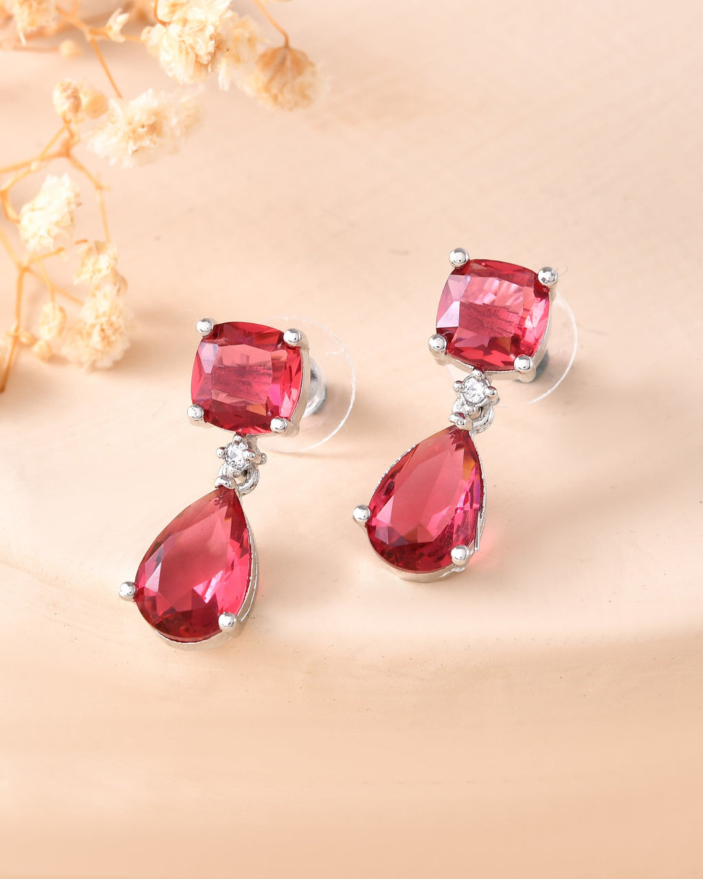 VOJ Silver Plated Red Stone Studded Studs Earrings | Grocsy